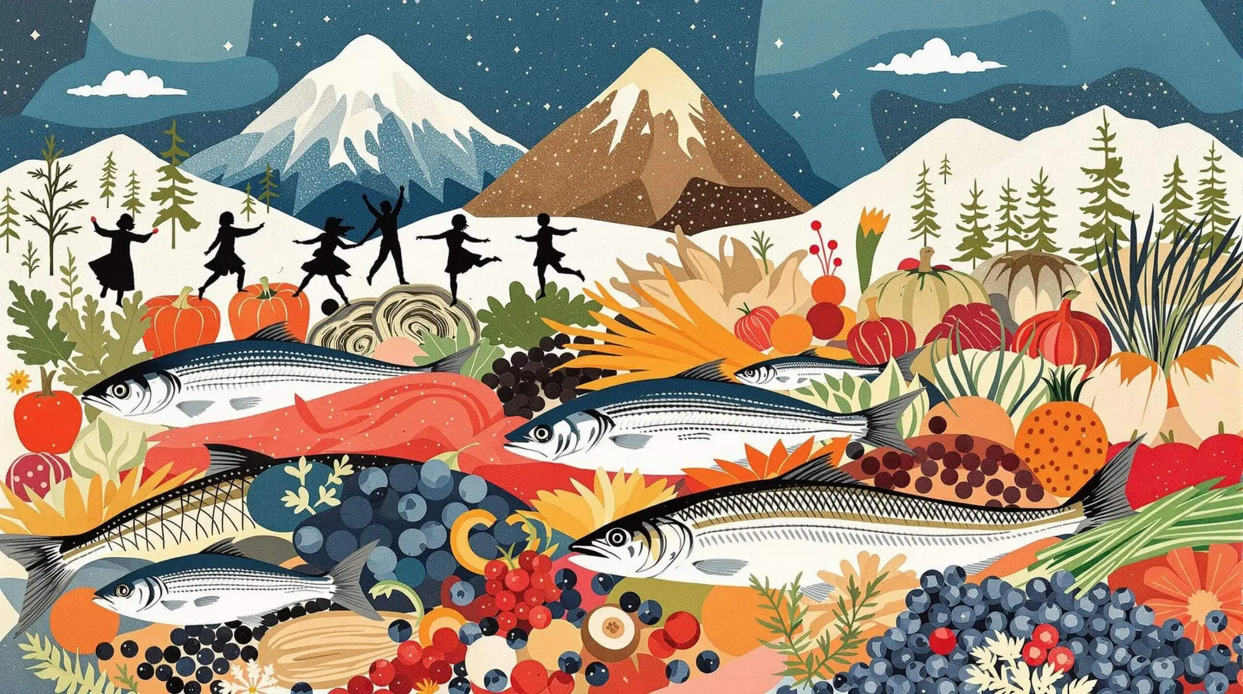 An abstract collage of Nordic diet elements and traditional lifestyle in a snowy setting.