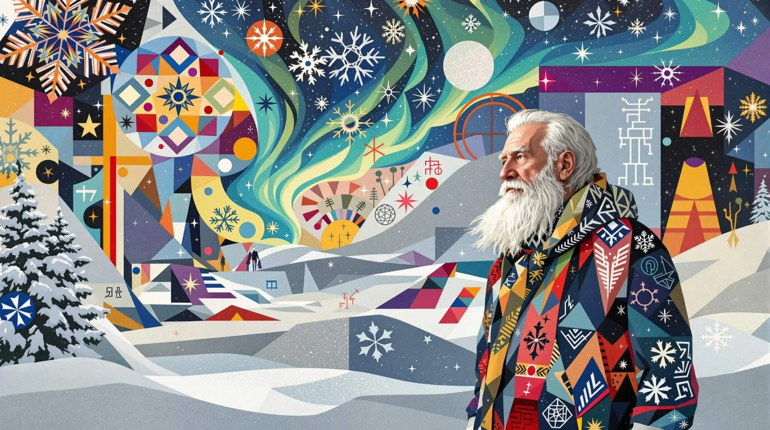 An elder Nordic individual in a snowy setting, surrounded by abstract Nordic symbols and vivid elements.