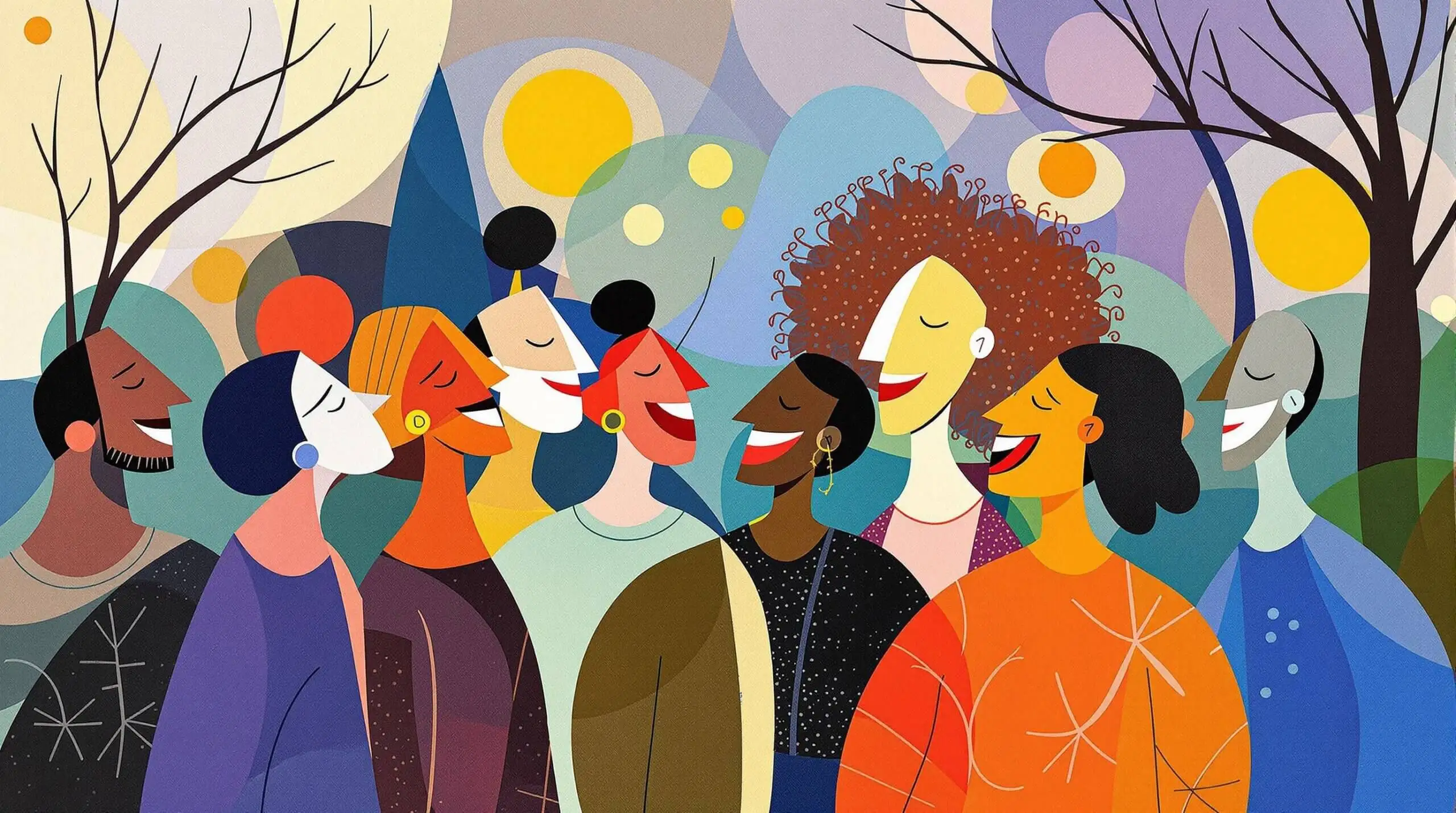 Abstract illustration of diverse people laughing together in a park, using bold colors and abstract shapes.