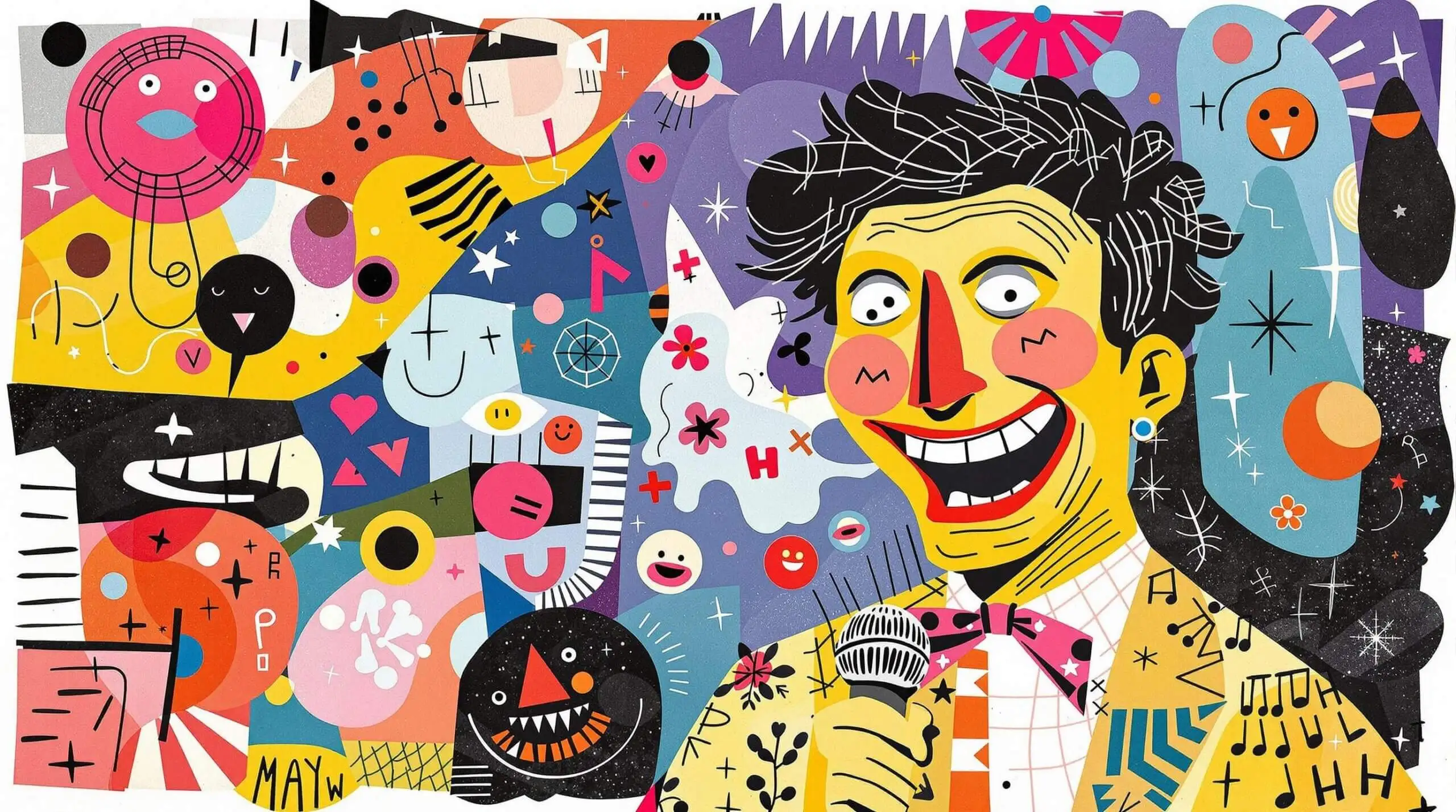 A vibrant and playful collage of a comedian performing on stage, with exaggerated expressions, surrounded by abstract patterns.