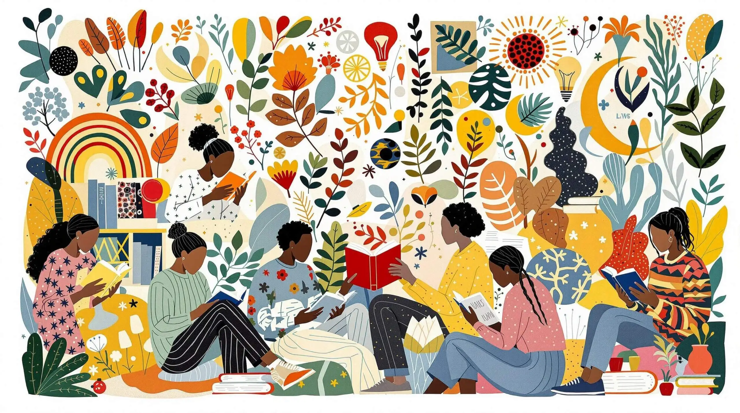 A collage of diverse readers with abstract life symbols in Richard Hamilton's style.