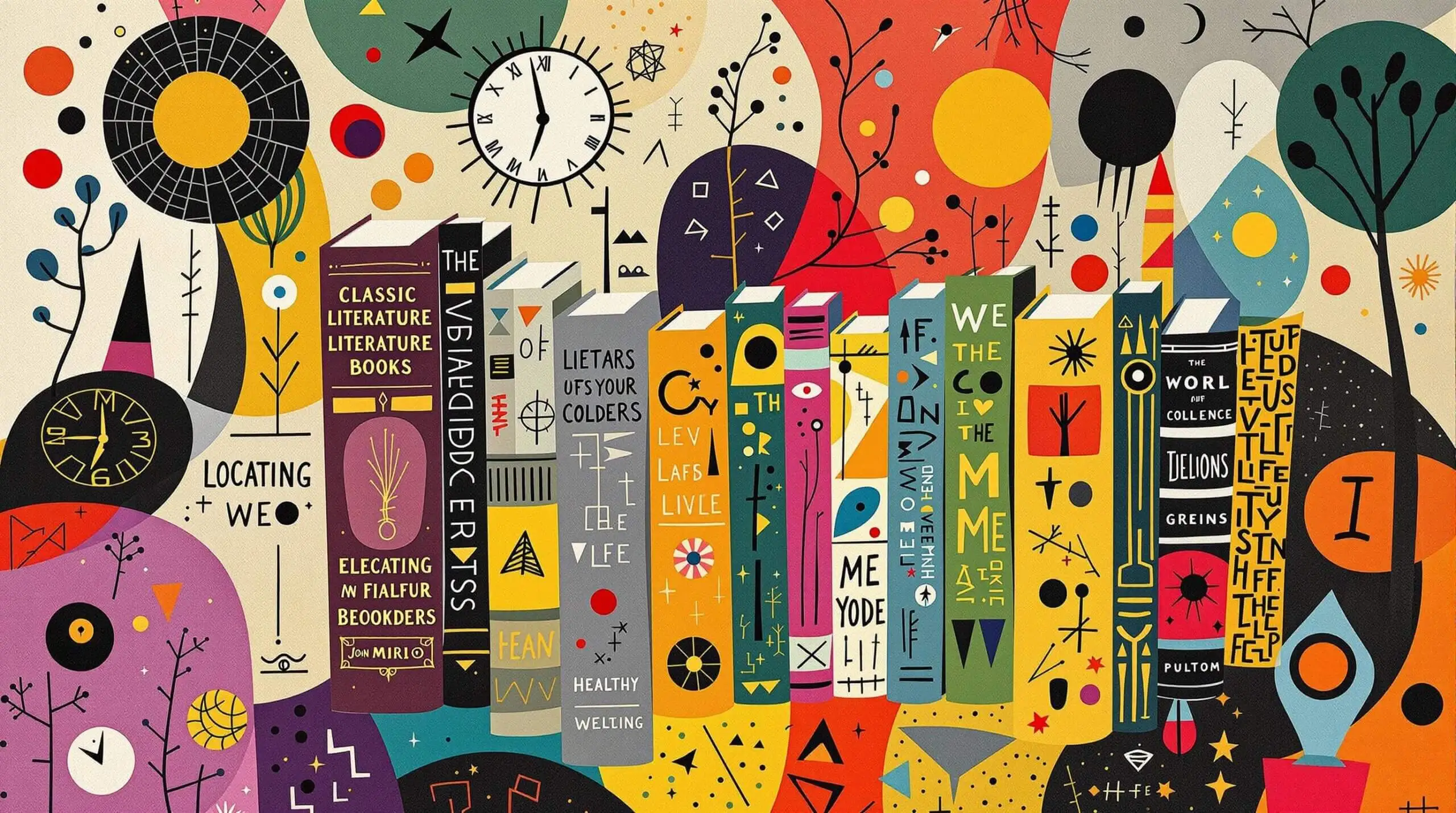 An illustration of books with symbols of longevity, in Joan Miró's abstract style.