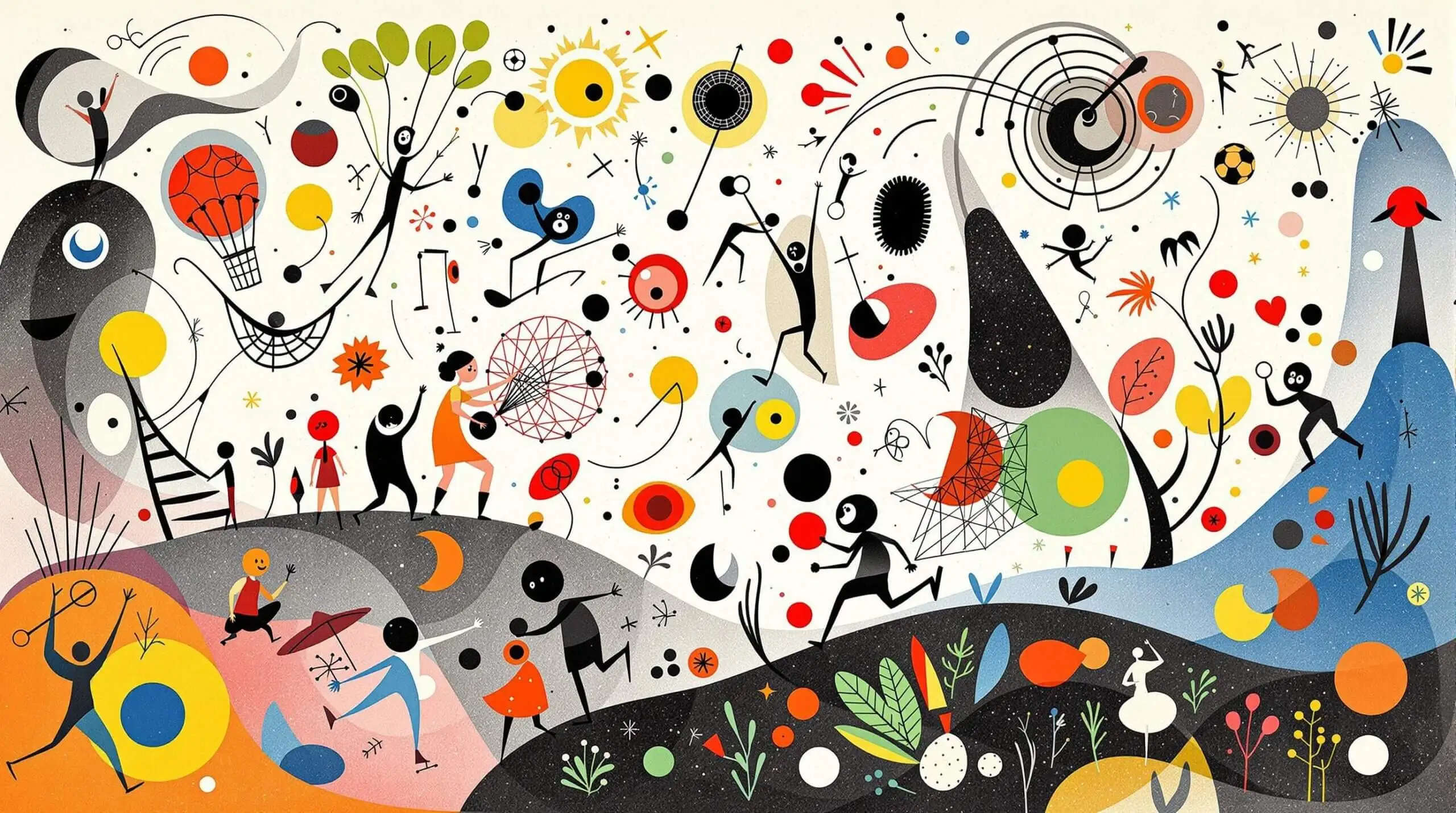 A whimsical art illustration of characters engaging in sports, highlighting physics in motion.