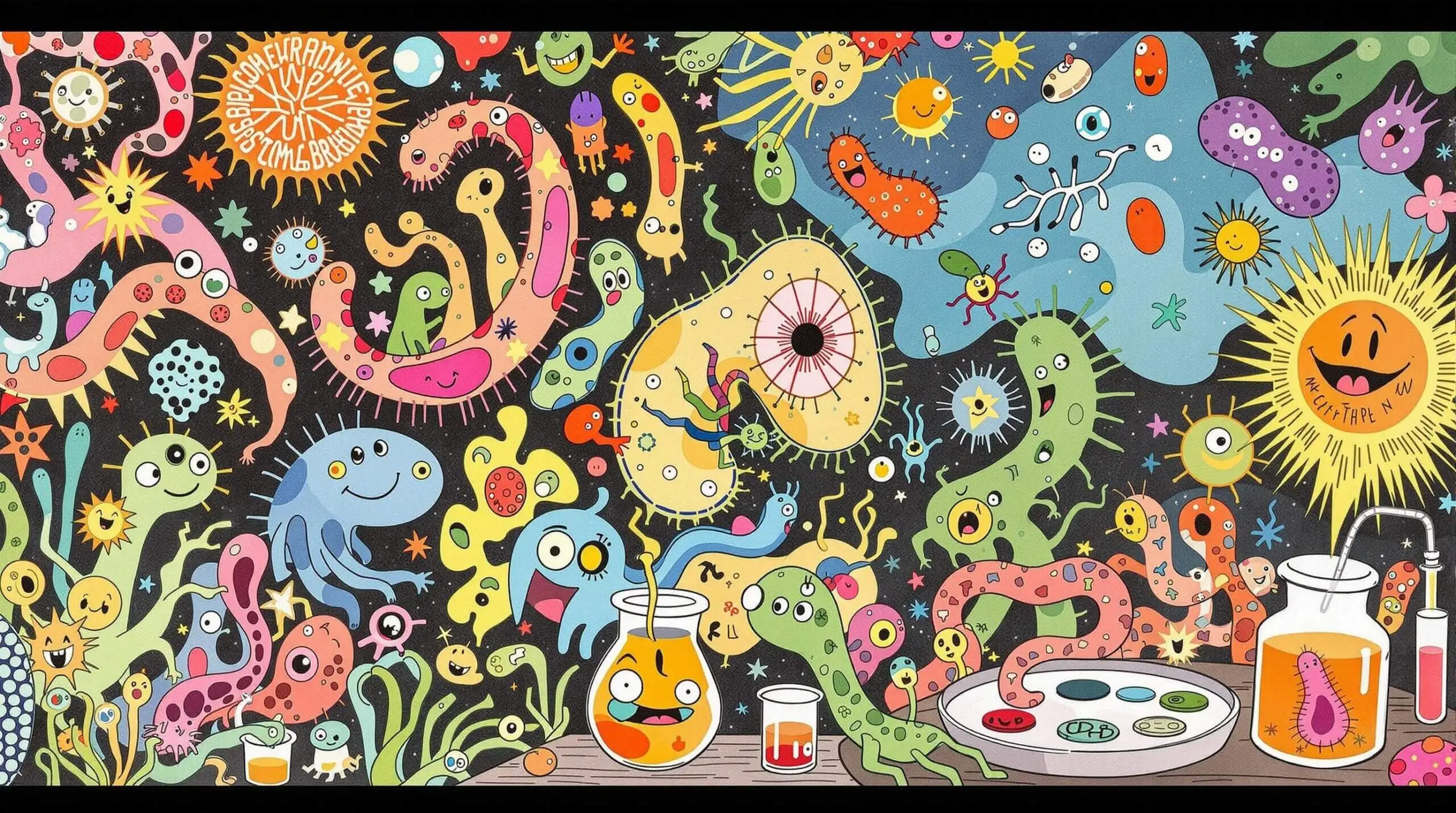 A whimsical collage illustration of unique gut bacteria with vibrant colors and humorous interpretations.