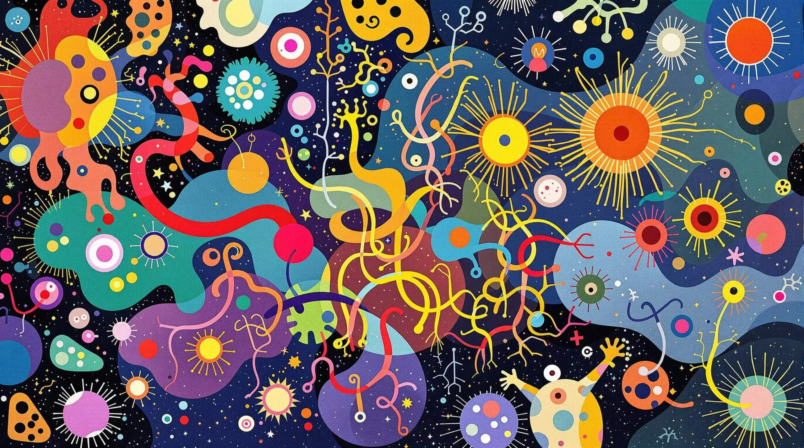 A vibrant abstract illustration of different gut bacteria set in a lively, colorful composition.