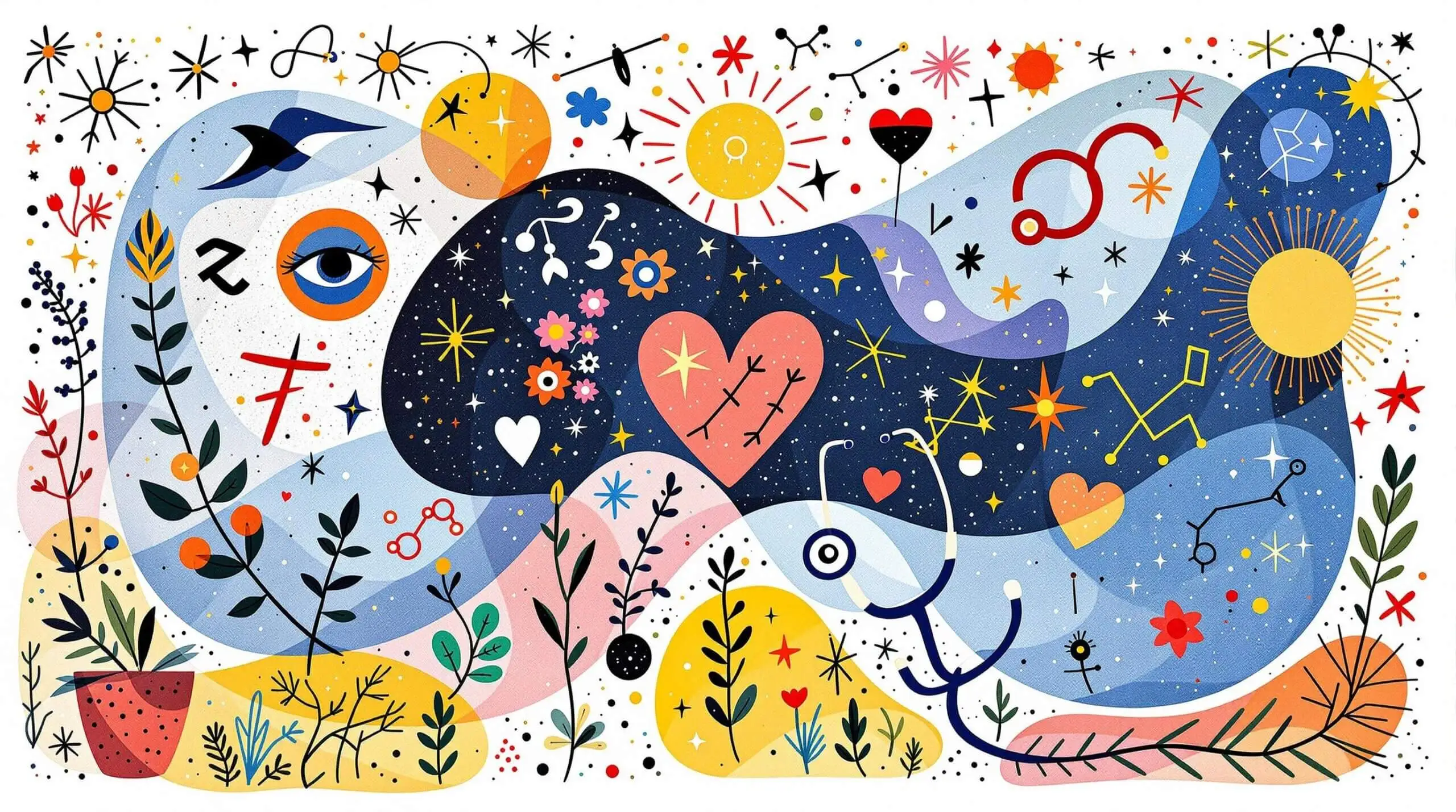Astrological symbols and health elements in a cosmic setting.