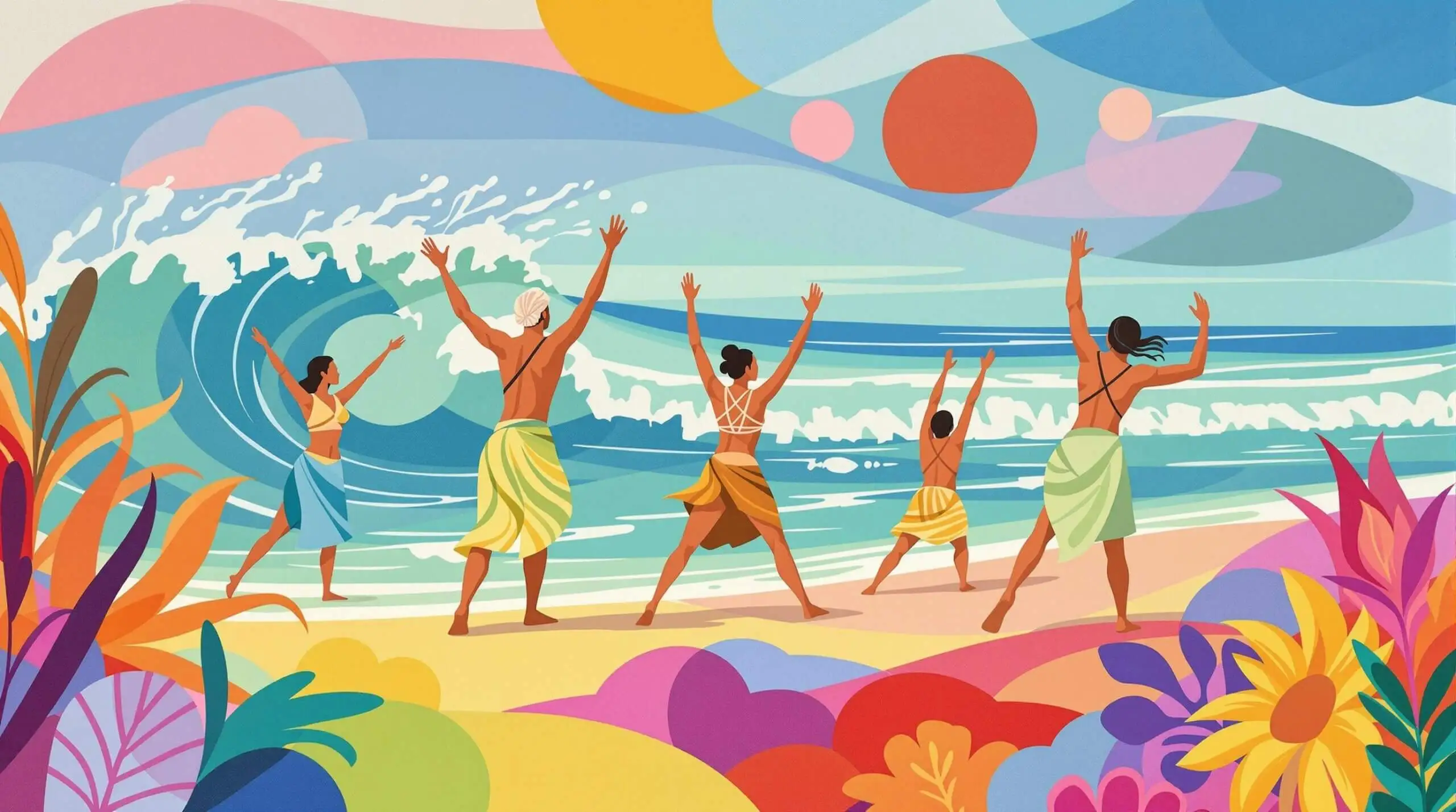 An abstract artwork depicting islanders engaging in traditional dances and meditative exercises on a tropical beach.