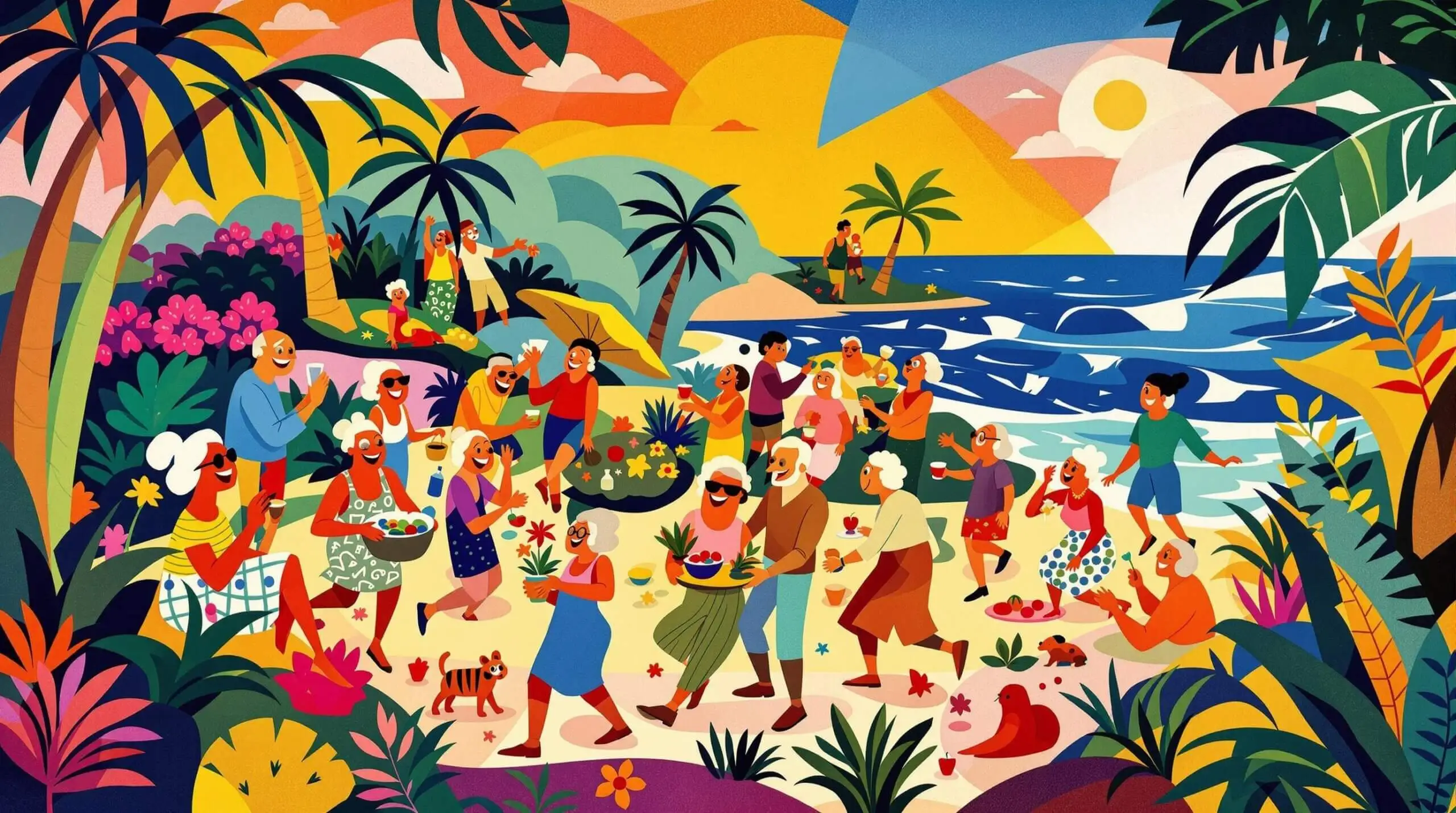 An artistic depiction of elderly islanders enjoying community activities in a vibrant tropical setting.