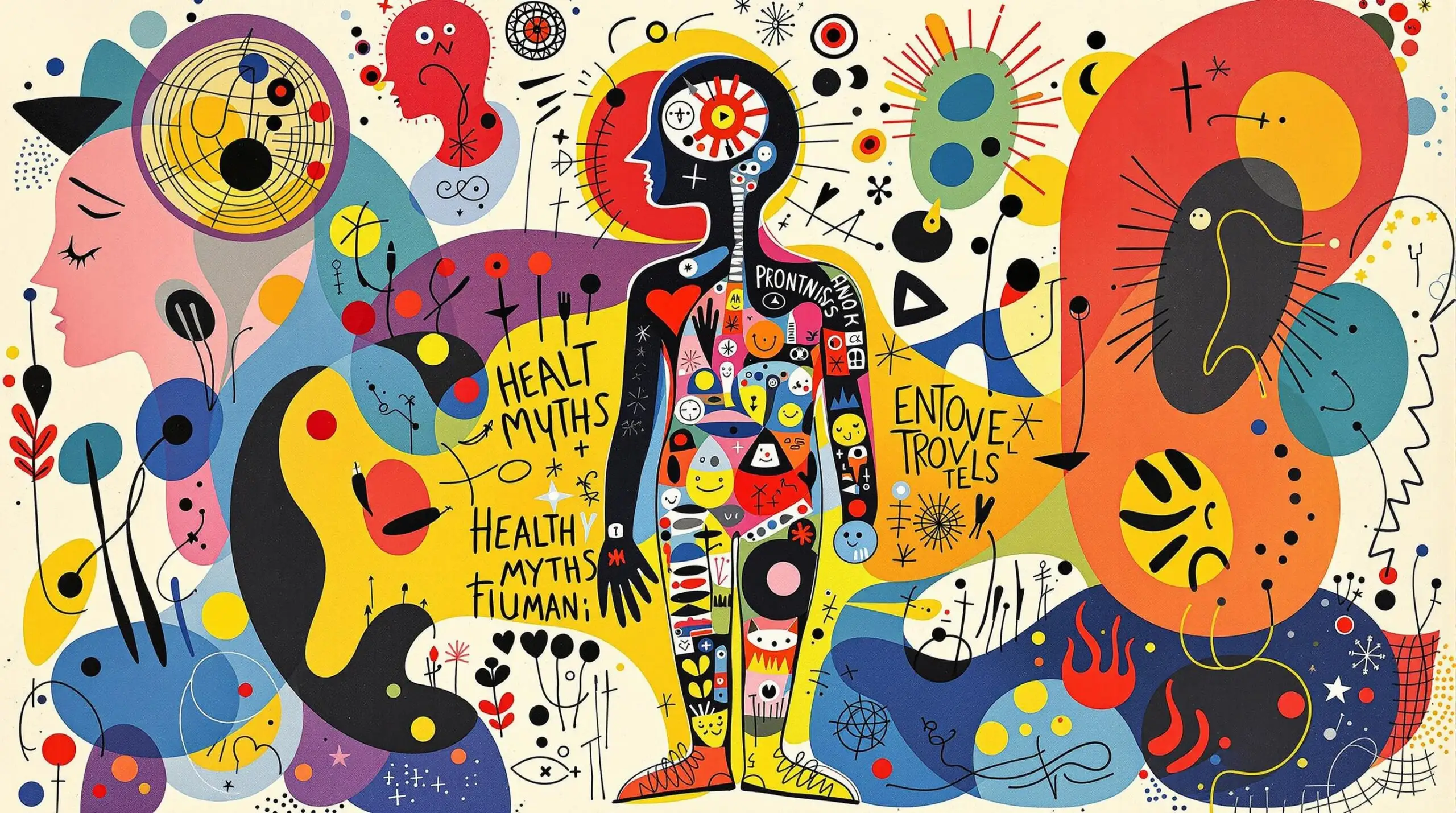 An artistic illustration of a human anatomical diagram surrounded by symbols of health myths with vibrant abstract patterns.
