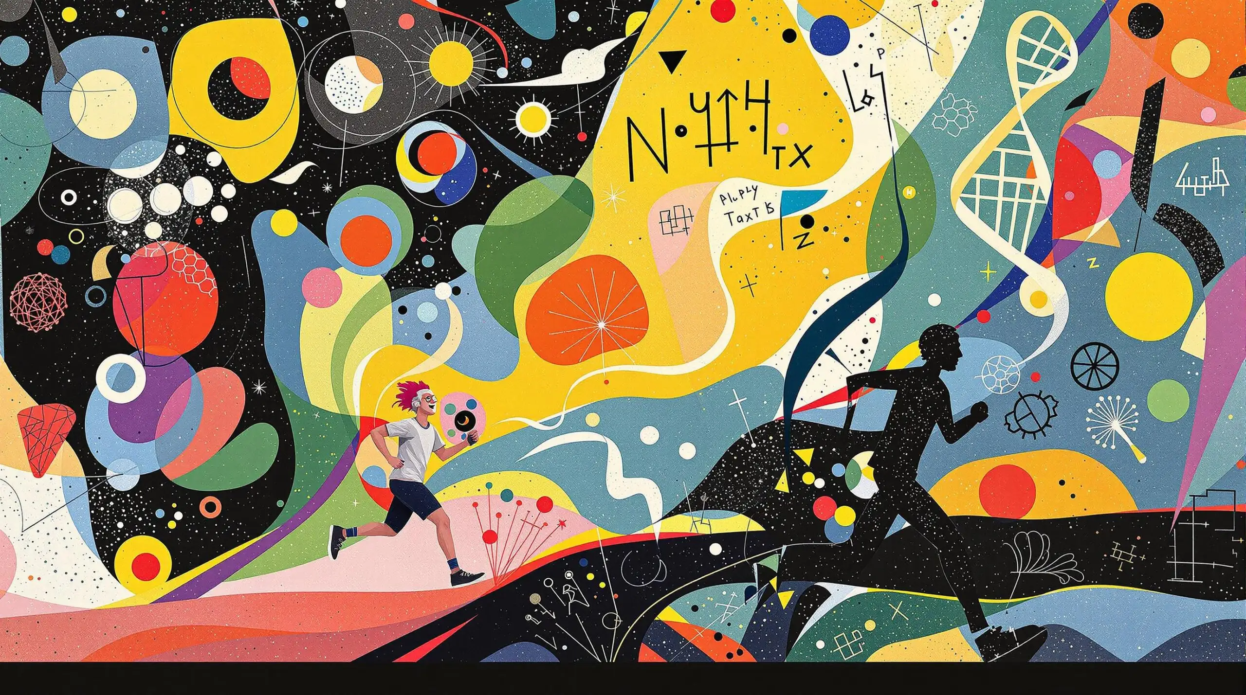 An artistic illustration of an elderly person jogging alongside a DNA strand intertwined with abstract shapes.