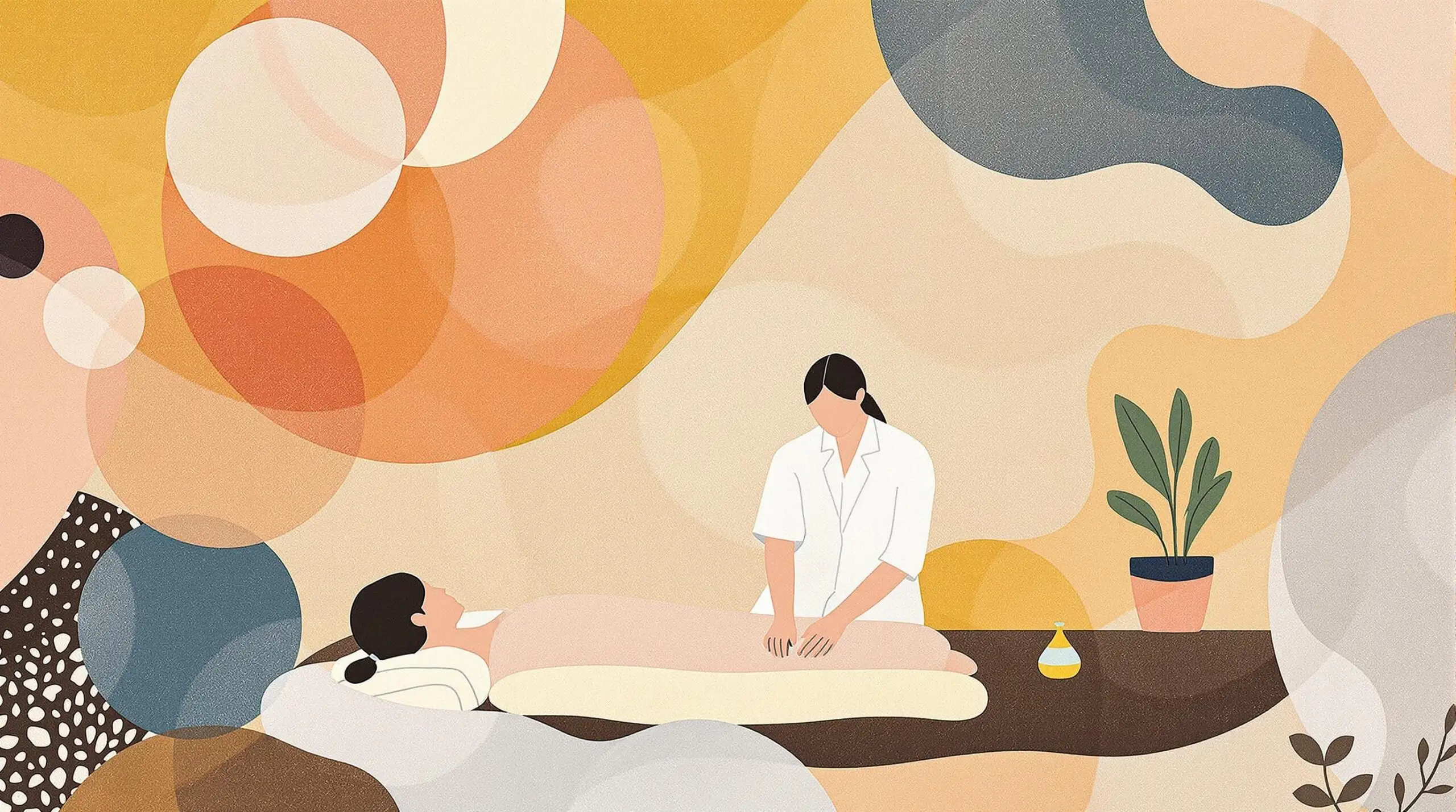 A collage-style illustration of an acupuncture clinic with abstract Qi energy patterns.
