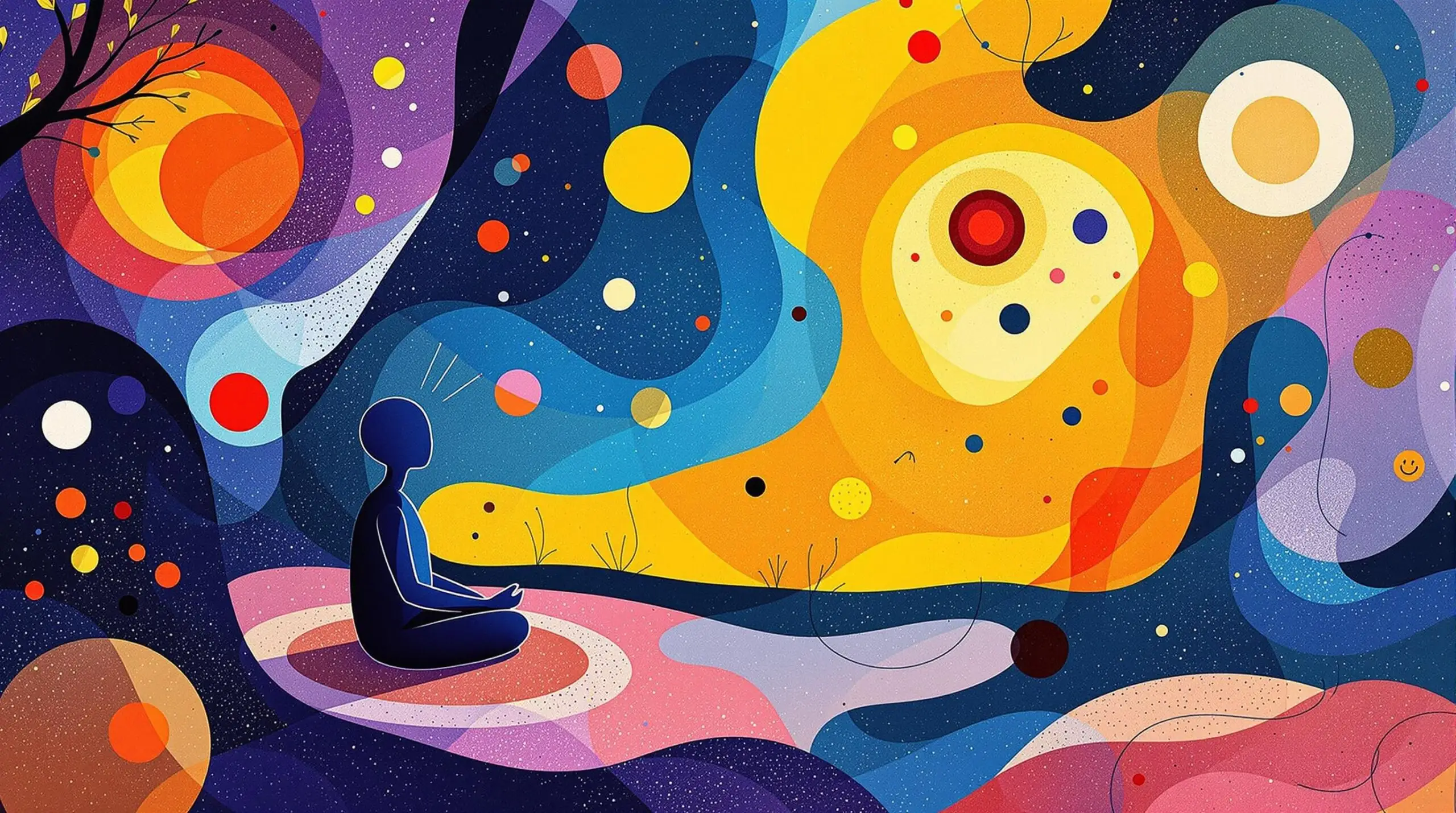 An abstract illustration depicting a meditative figure with acupuncture needles and swirling Qi energy in vibrant colors.