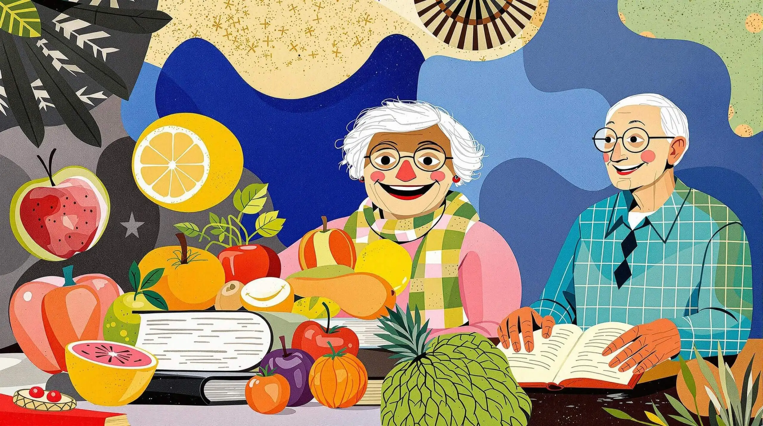 Collage of healthy lifestyle elements and a smiling elderly person in Hannah Hoch style.