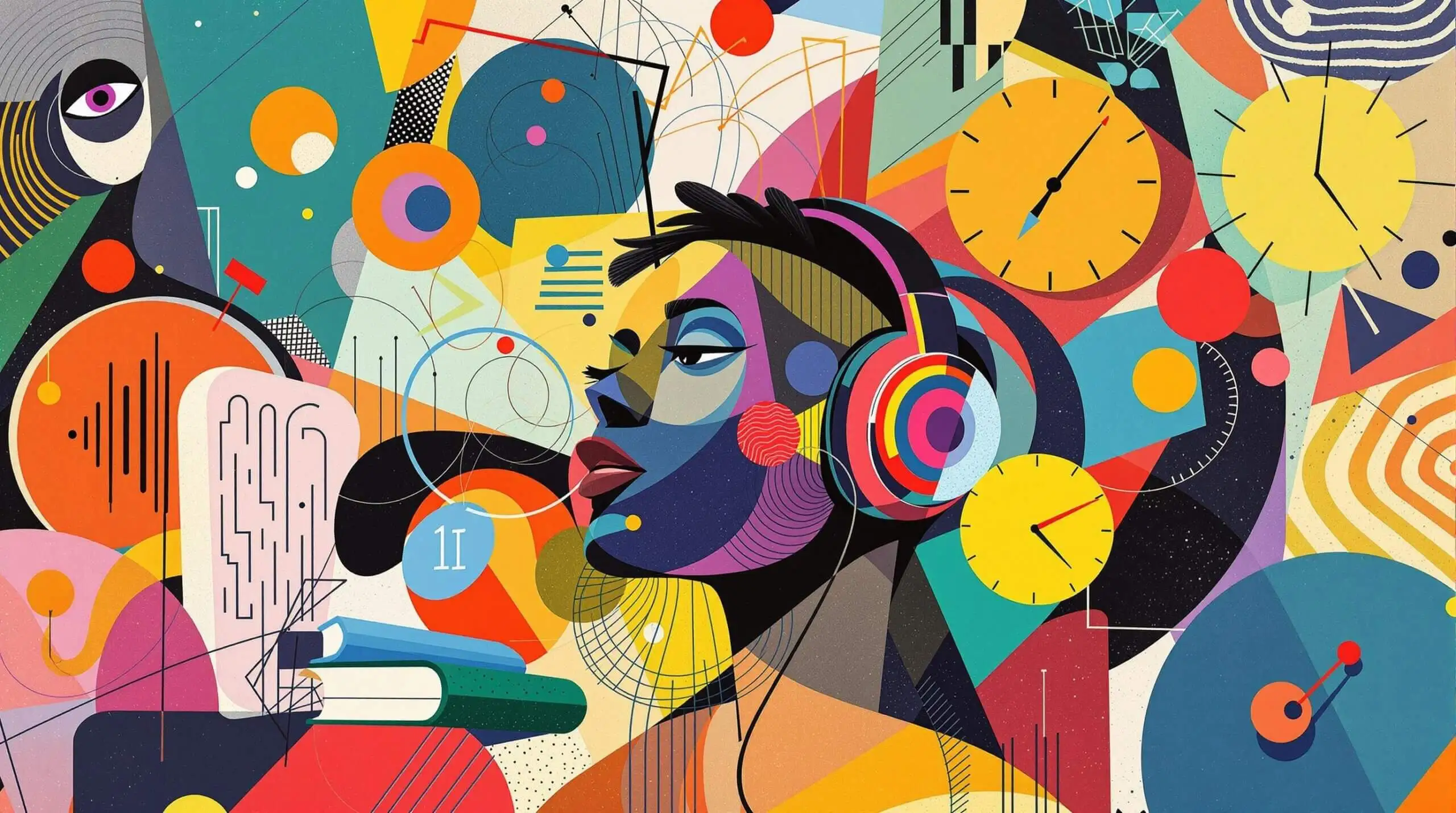 Abstract digital collage of a person with headphones, sound waves, and clocks in Joan Miró style.