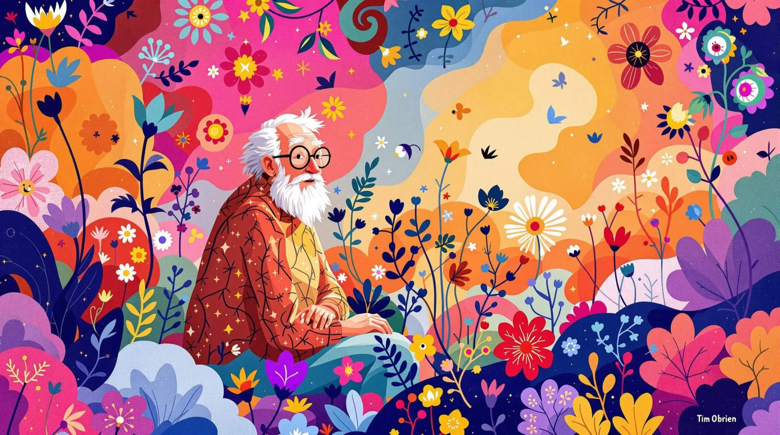 Tim O'Brien-style illustration of an elderly person in a colorful abstract garden