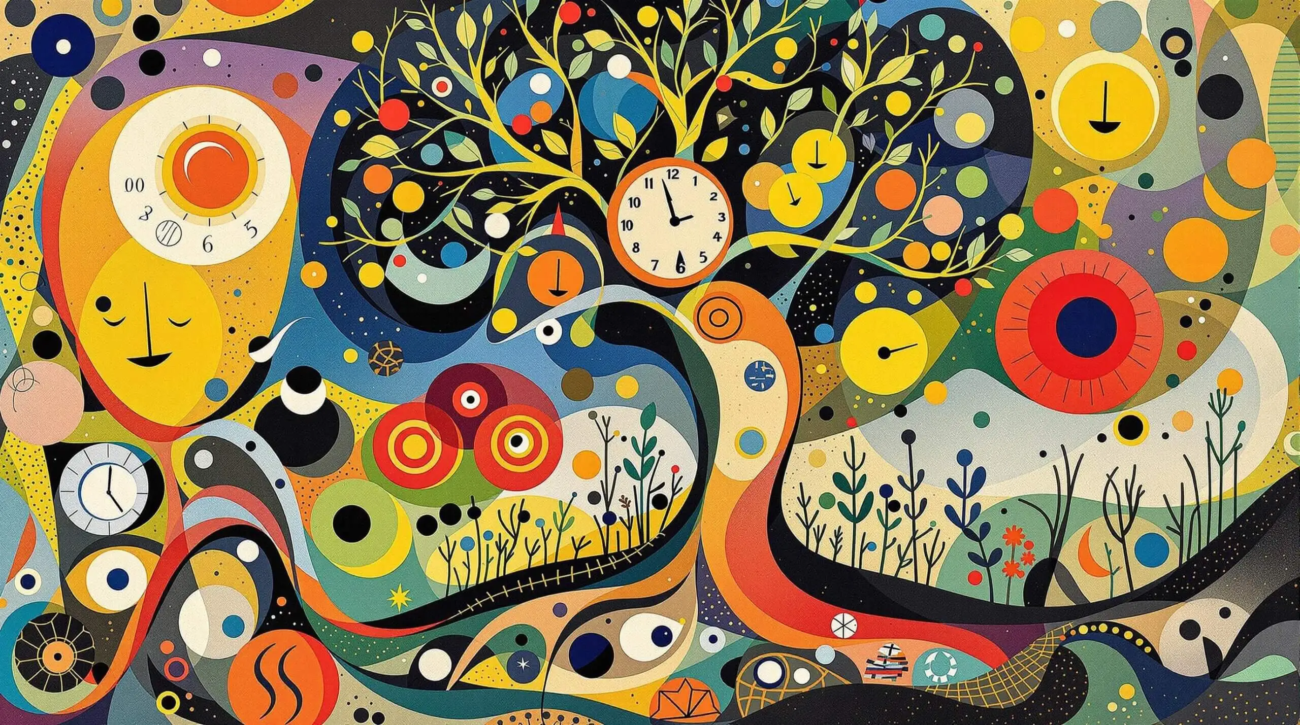 Abstract illustration by Joan Miró of a tree and clock symbolizing longevity