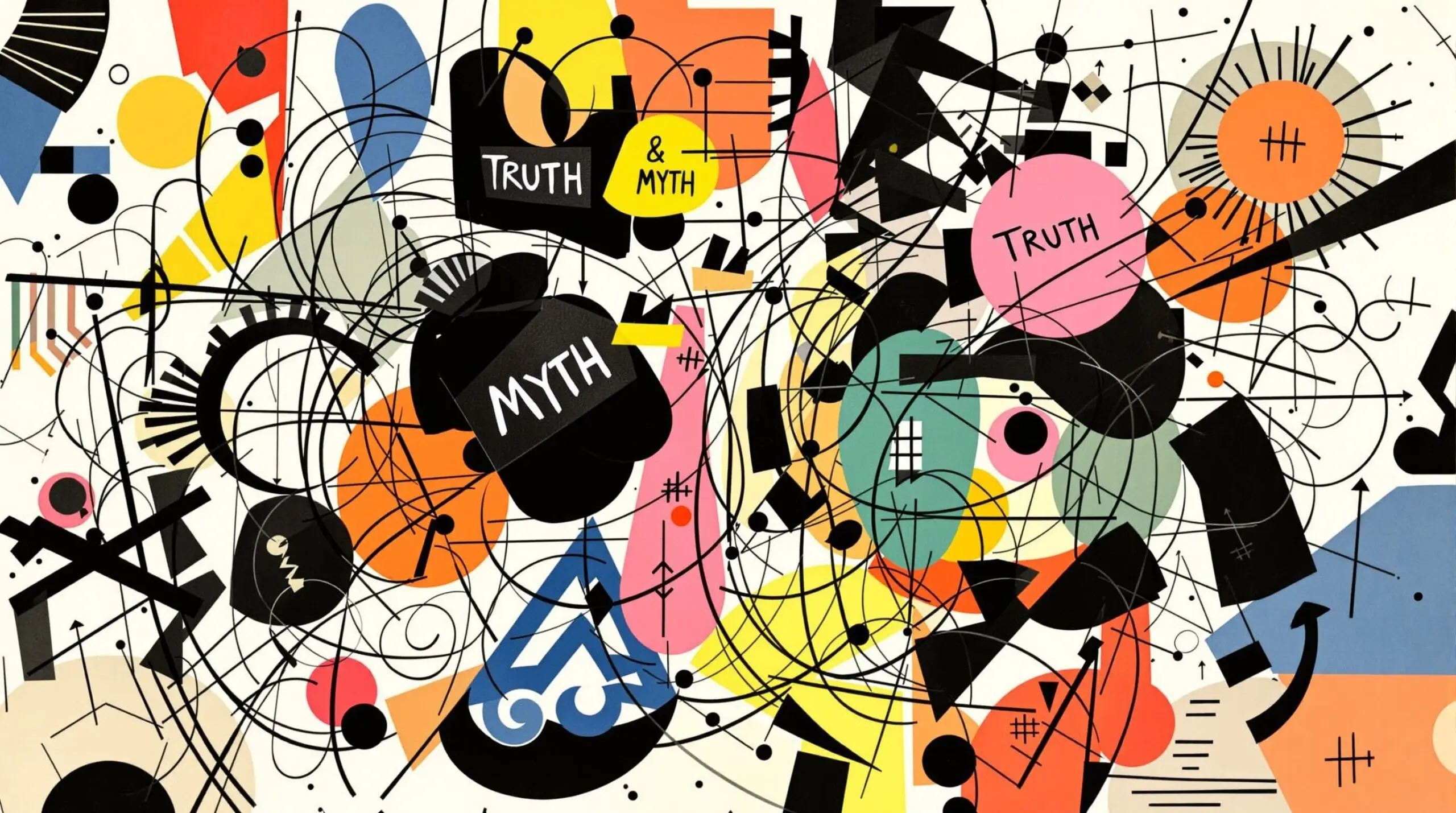 A chaotic abstract illustration with geometric shapes labeled 'Truth' and 'Myth', inspired by Kandinsky.