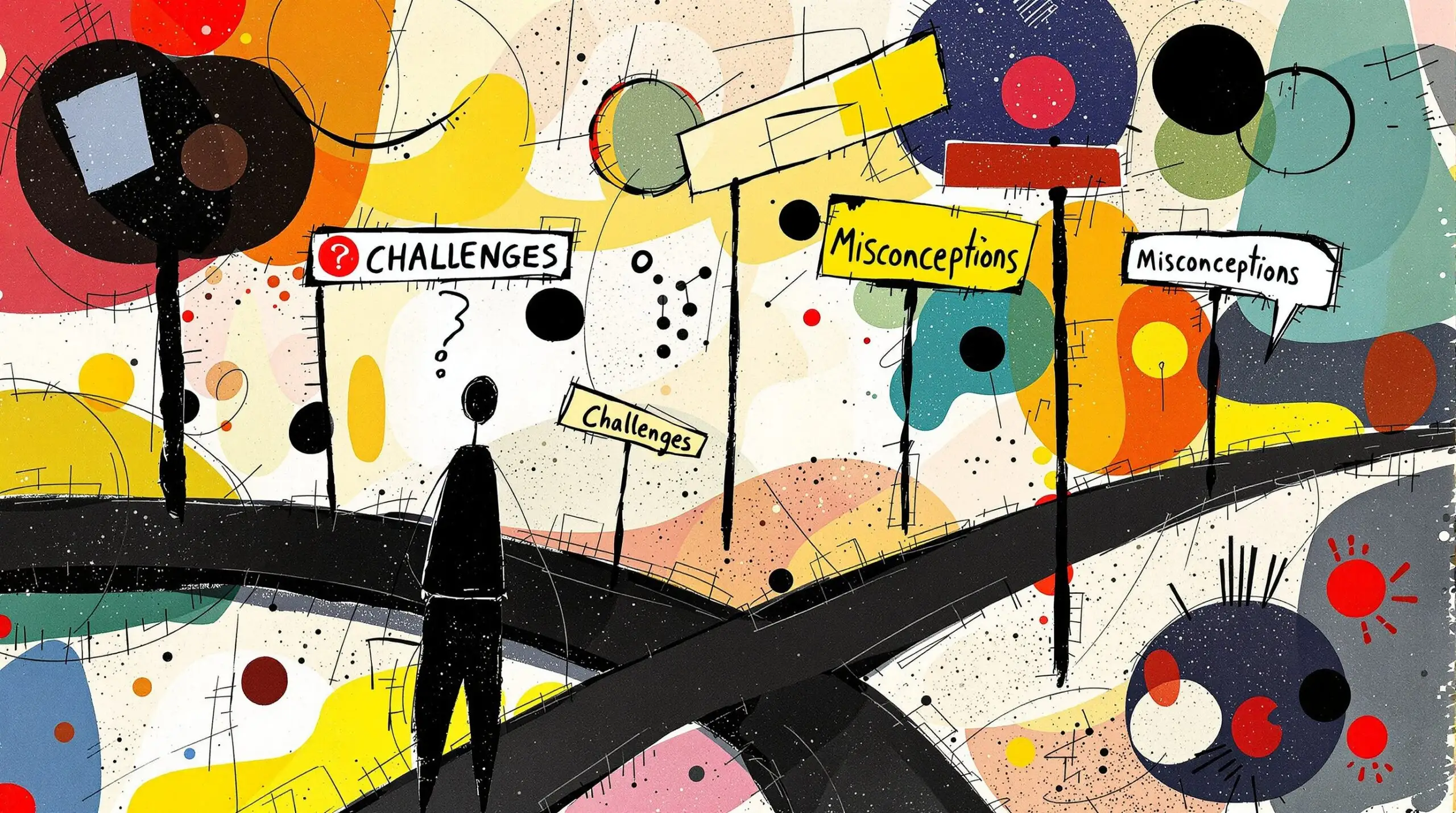 A colorful abstract illustration of a person at a crossroad with signs pointing to challenges and misconceptions.