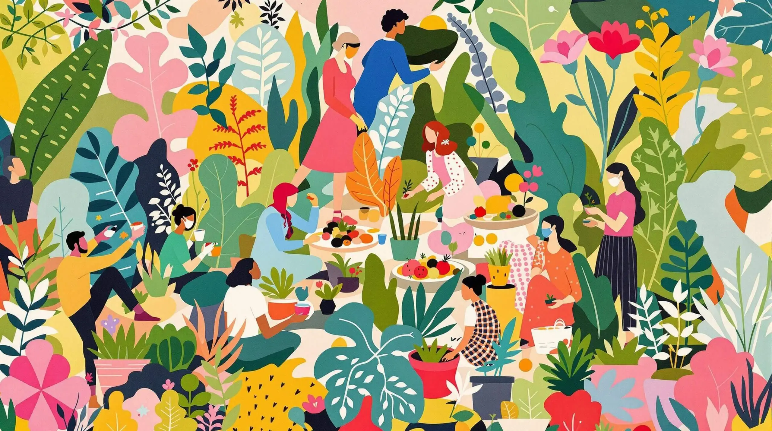 Collage illustration of a health-focused garden retreat with organic meals and exercise.