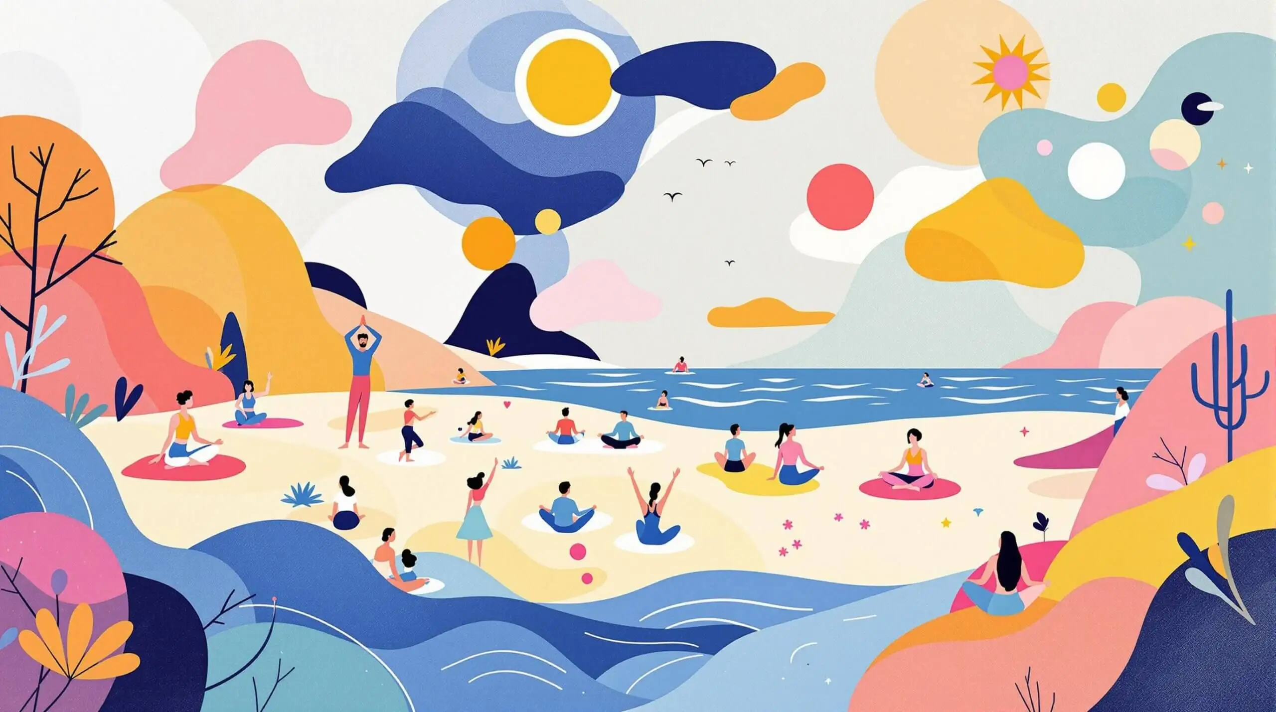 Abstract illustration of a longevity retreat on a serene beach with wellness activities.