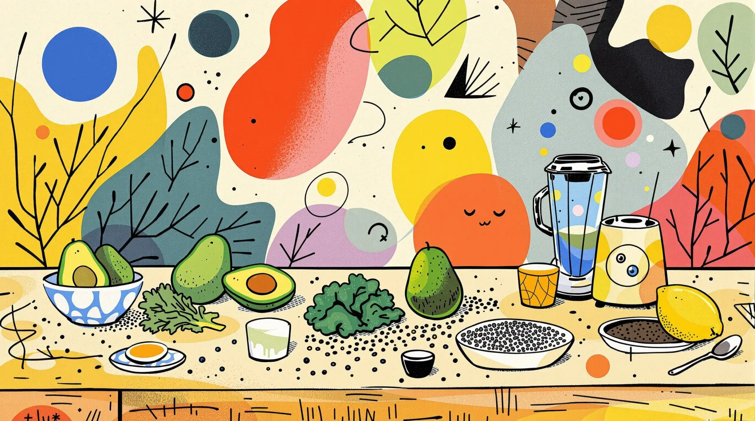 Artistic depiction of smoothie ingredients with an abstract pattern background.