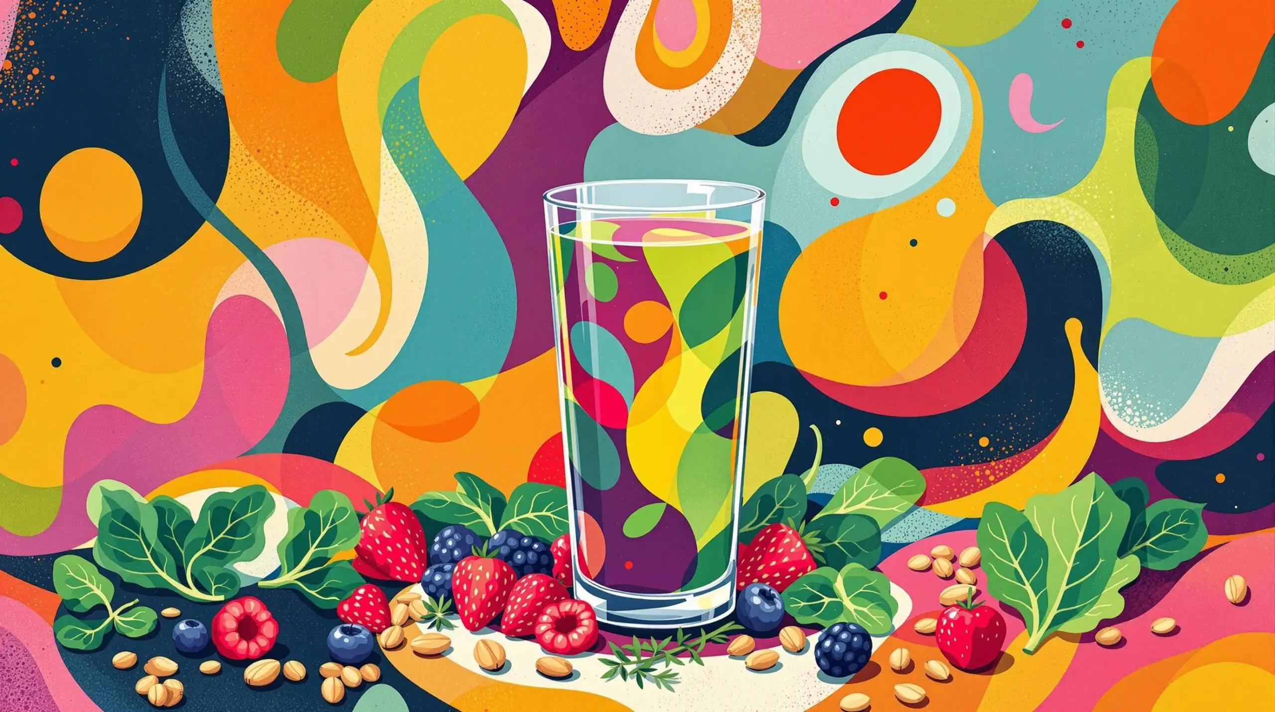 Colorful smoothie with superfoods in a Kandinsky-style illustration.