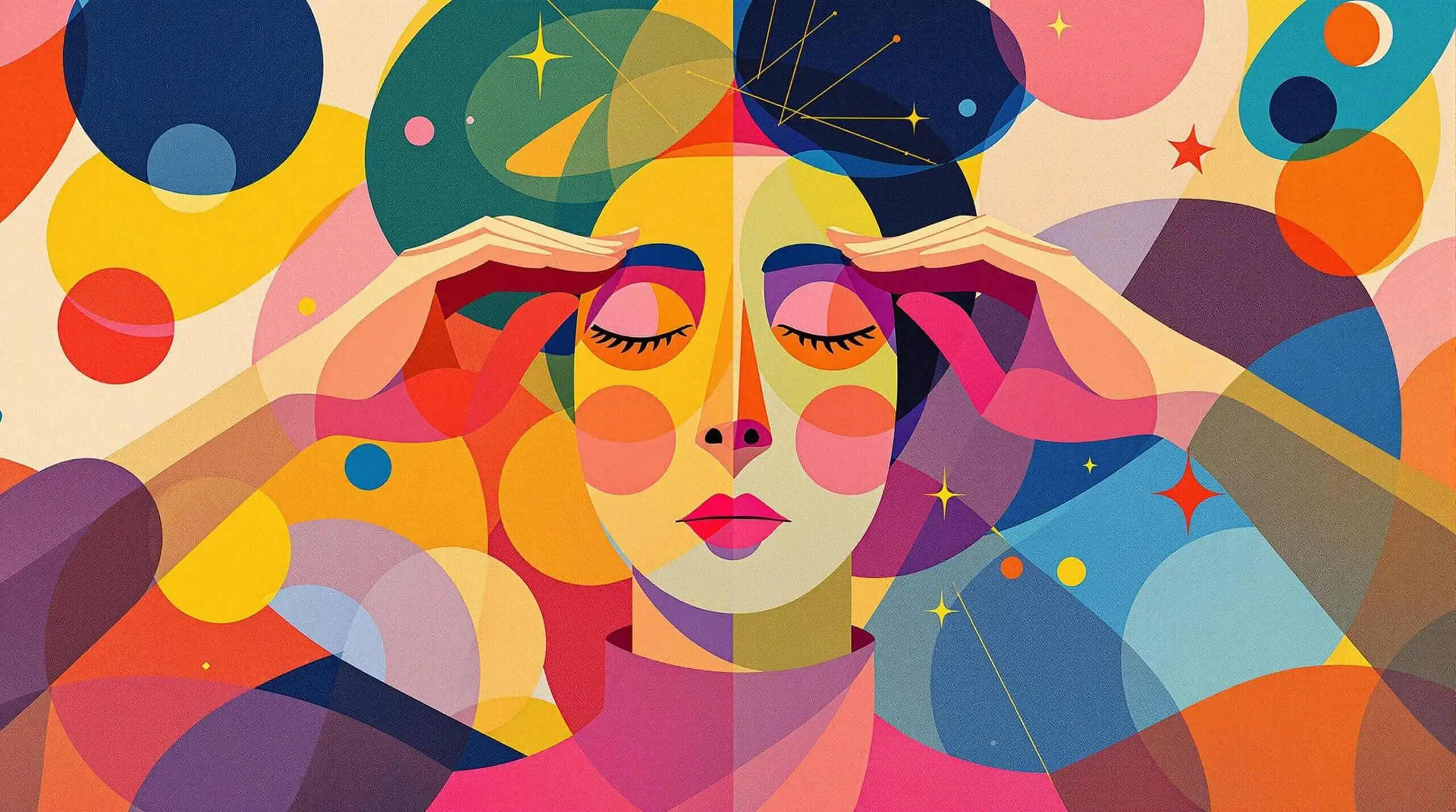 A person practicing eye exercises with colorful abstract shapes in the background.