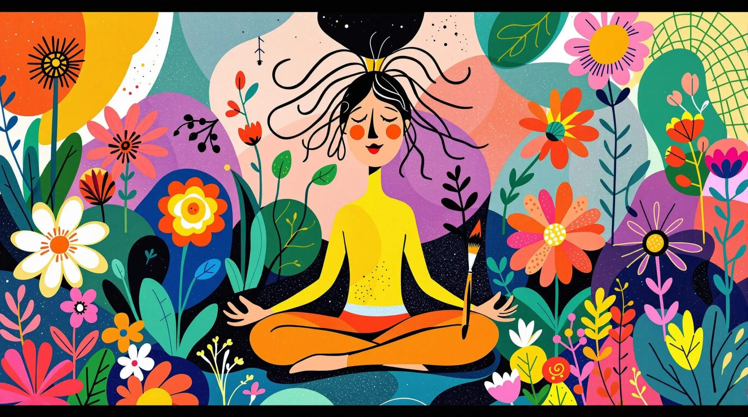 An abstract illustration of a person meditating with a paintbrush in a colorful garden.