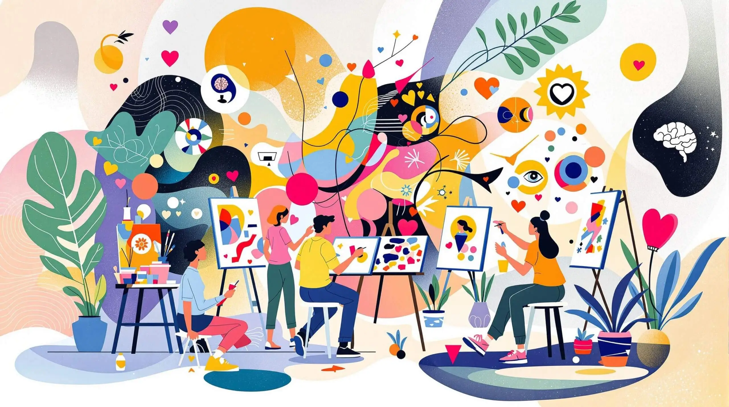 An abstract illustration of an art studio blending art and health symbols.