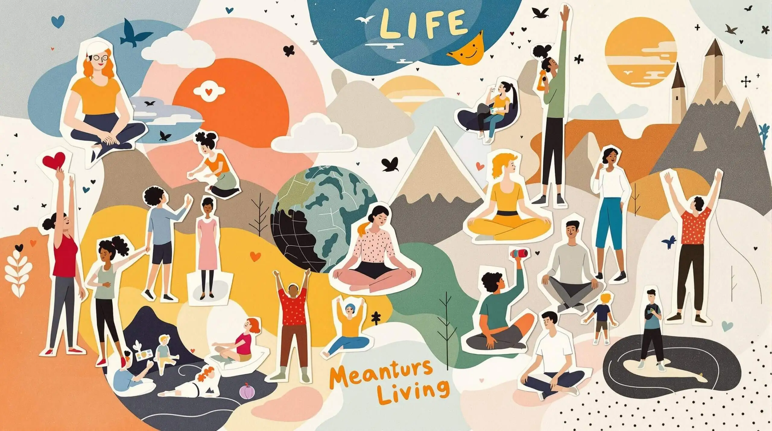 A whimsical collage featuring cut-outs of people partaking in healthy living and adventurous activities, embodying personal growth.