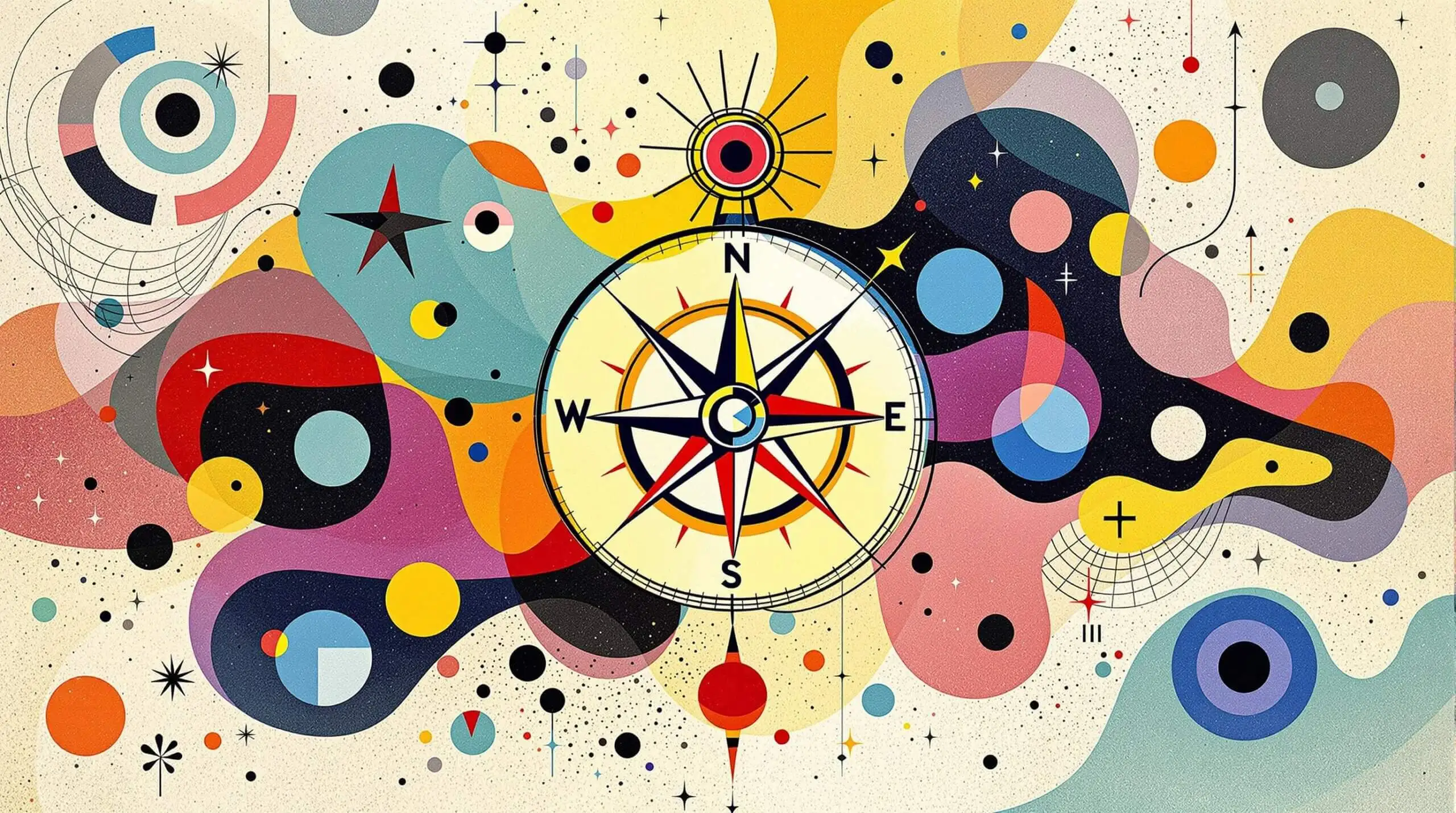 An abstract illustration featuring a compass surrounded by vibrant geometric patterns, symbolizing life's journey and purpose.