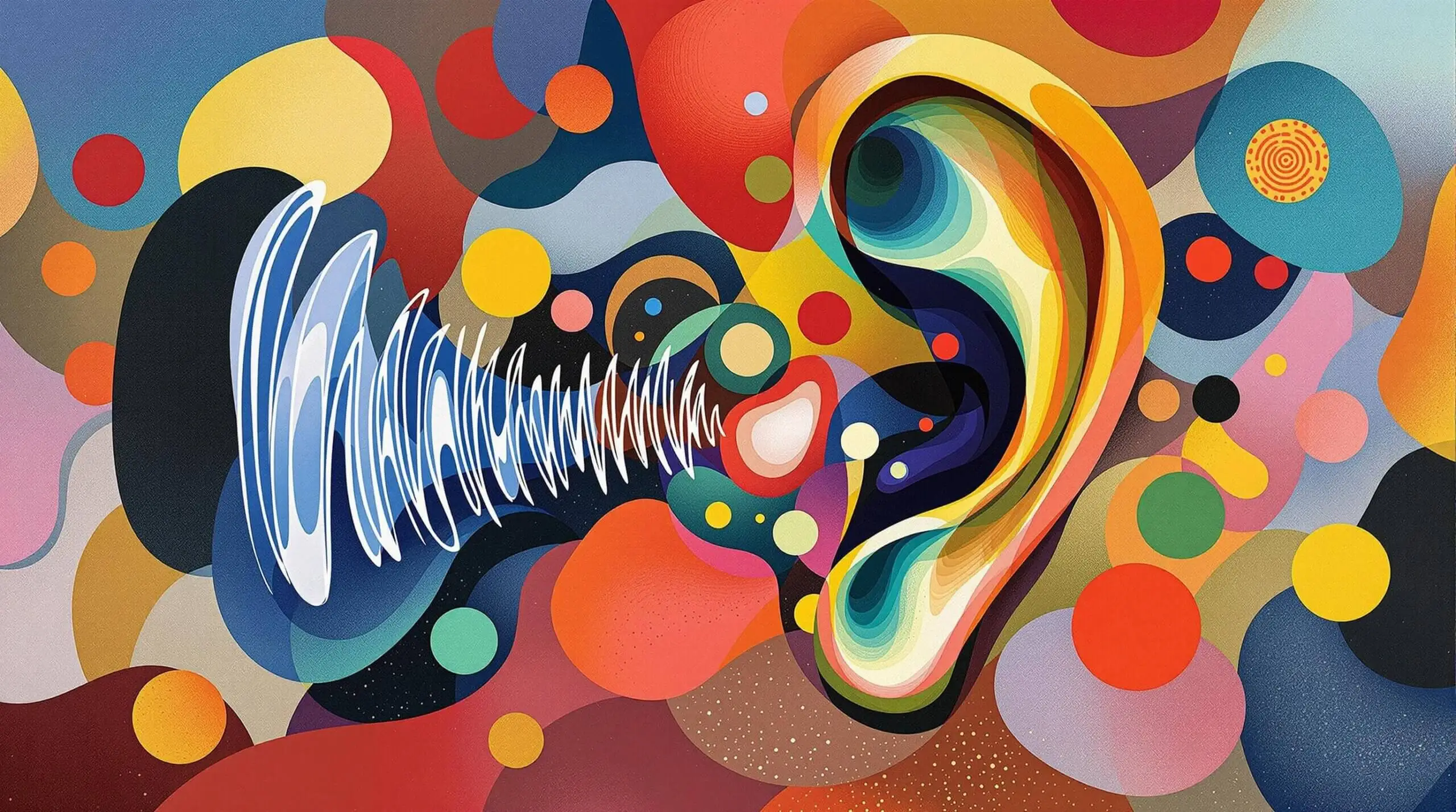 Ear with sound waves turning into abstract shapes of rejuvenated cells