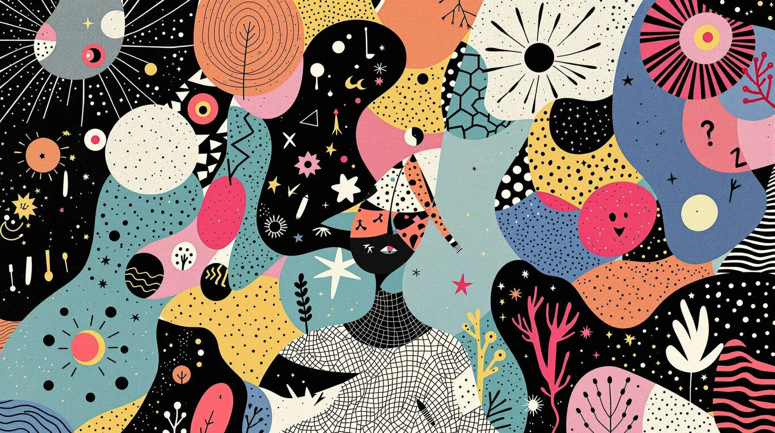 An illustration of a person engaging in light exercise surrounded by a whimsical collage of shapes and patterns.