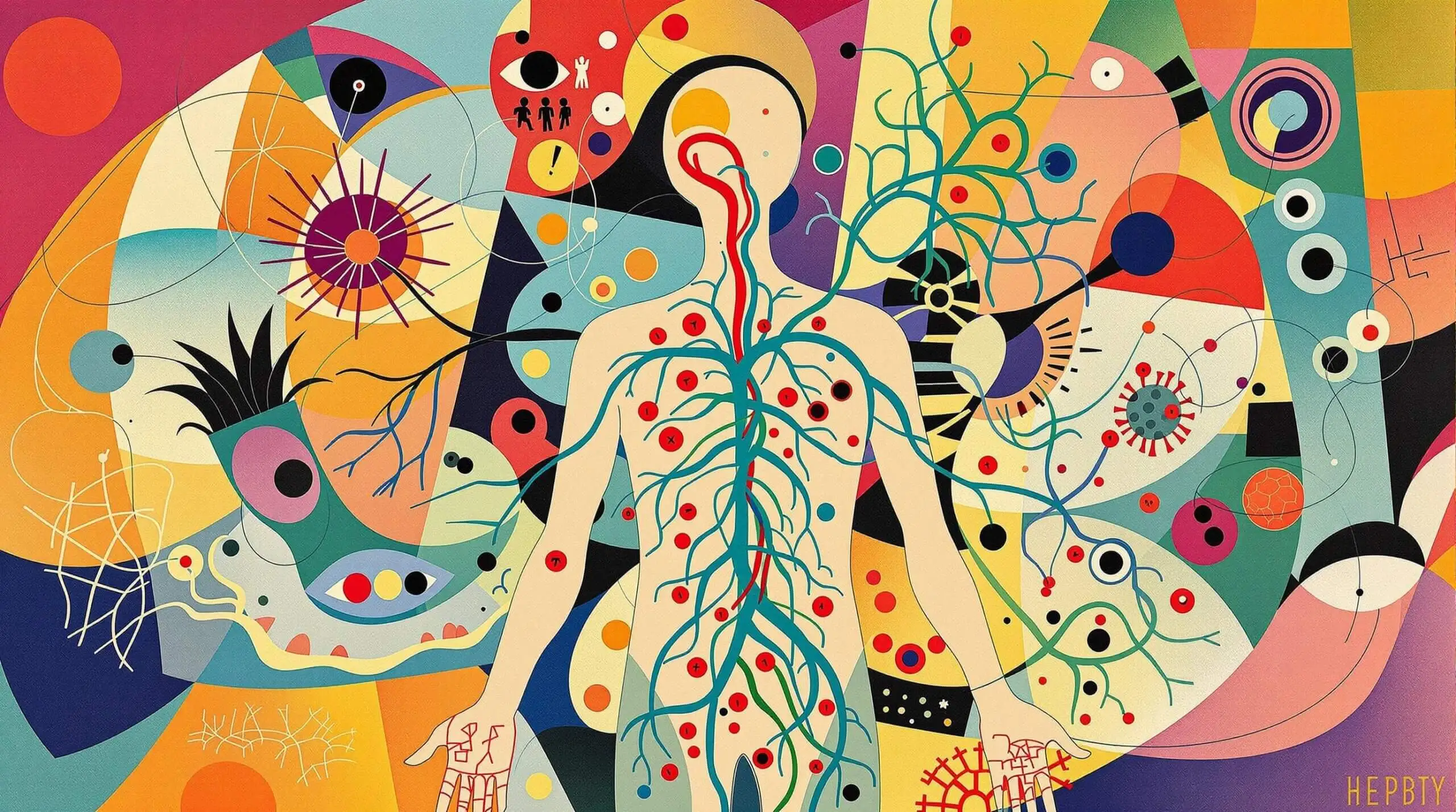 A colorful illustration showcasing the human lymphatic system with nodes and vessels, set against an abstract geometric background.