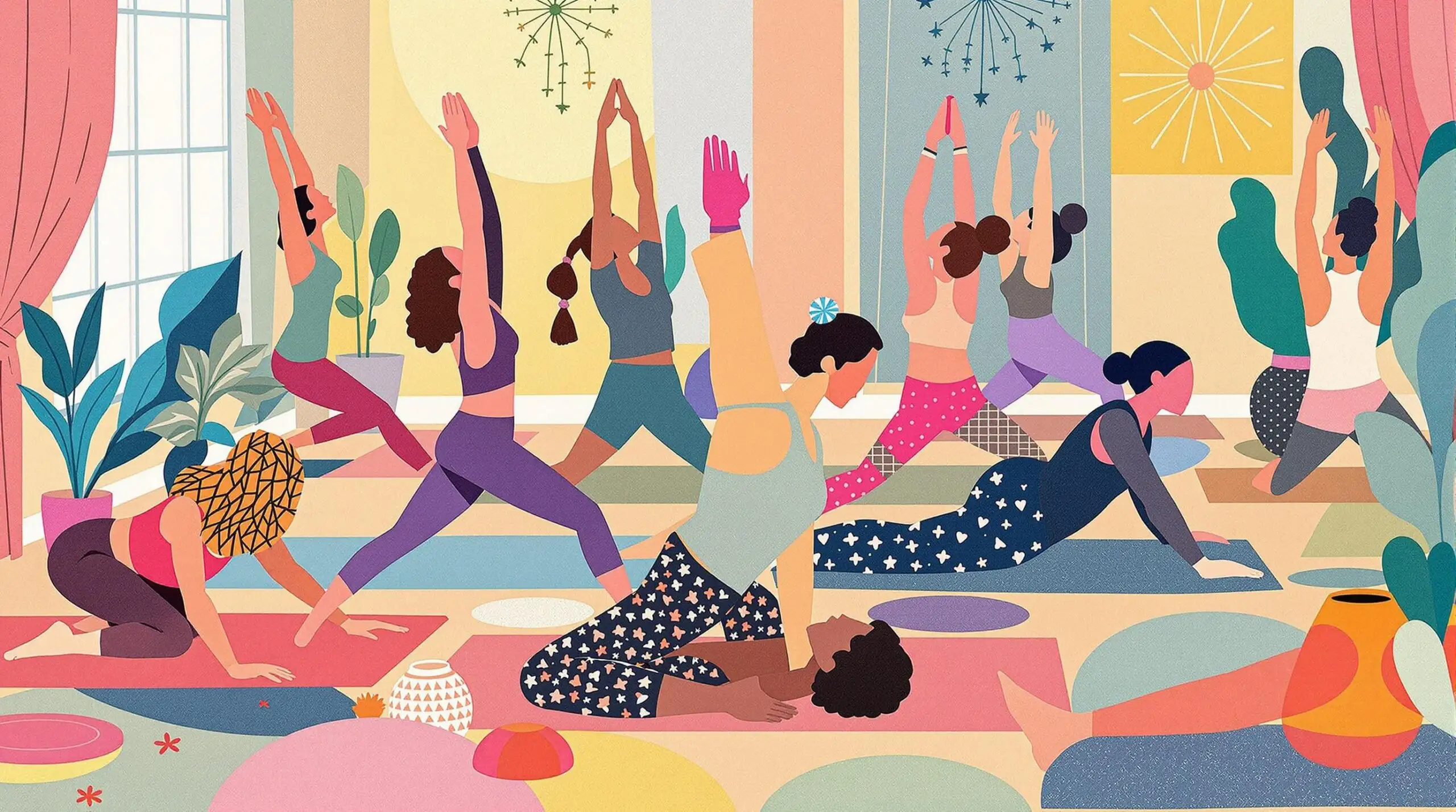 Diverse group of people practicing yoga in a studio with collage-style cut-out shapes