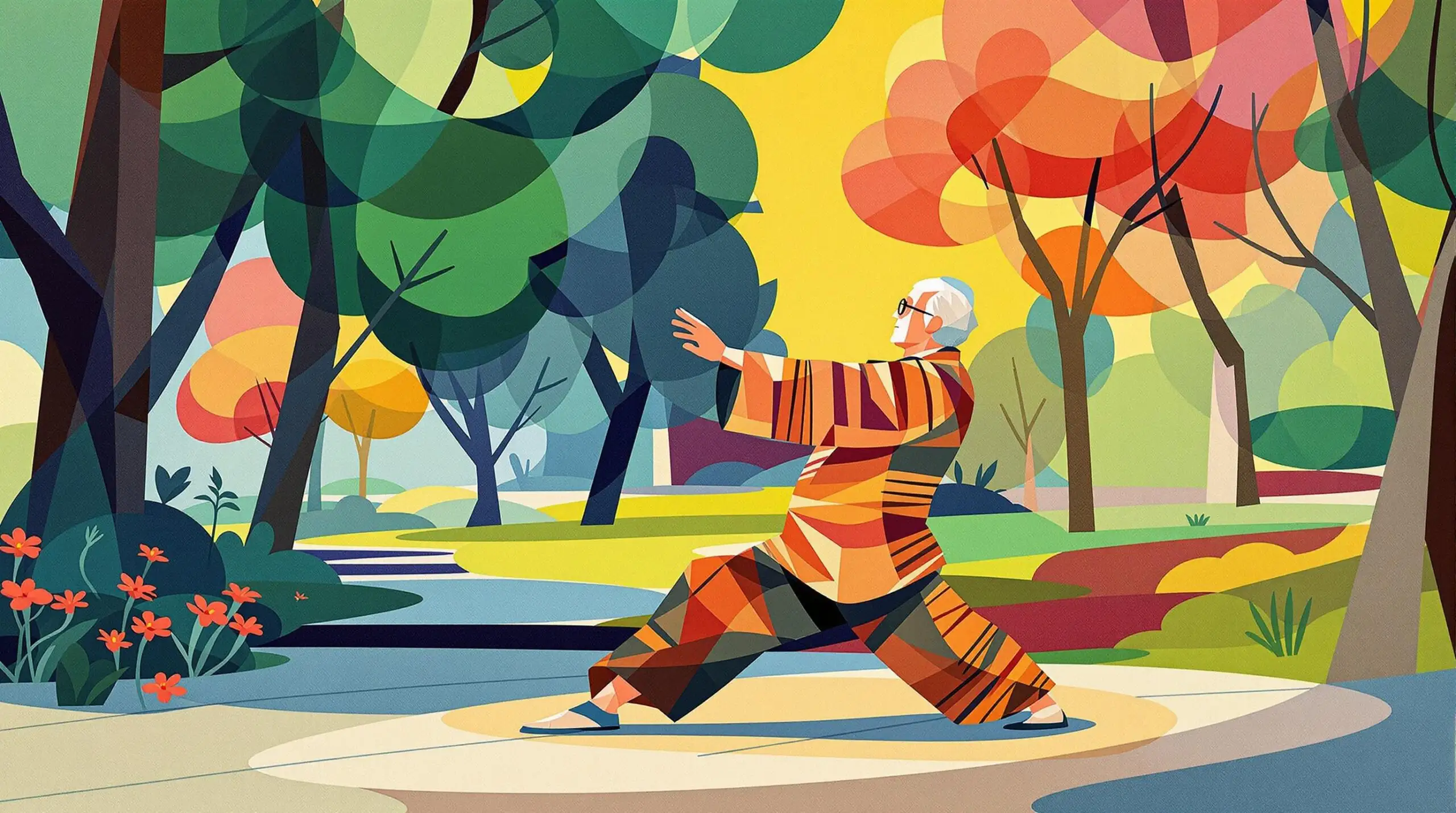 An elderly person practicing Tai Chi in a park with abstract shapes in the background