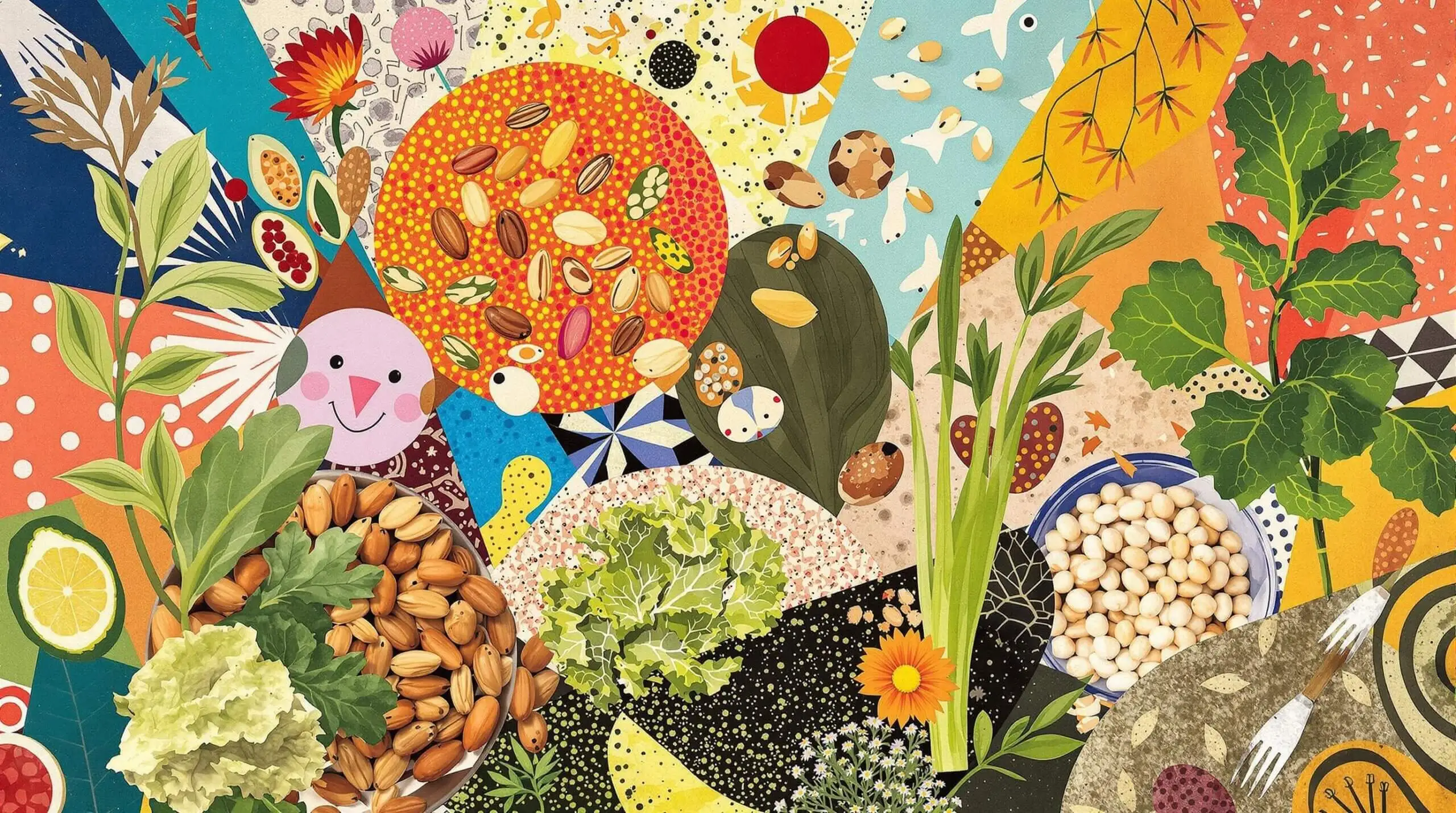 A variety of magnesium-rich foods set against a whimsical, colorful backdrop.