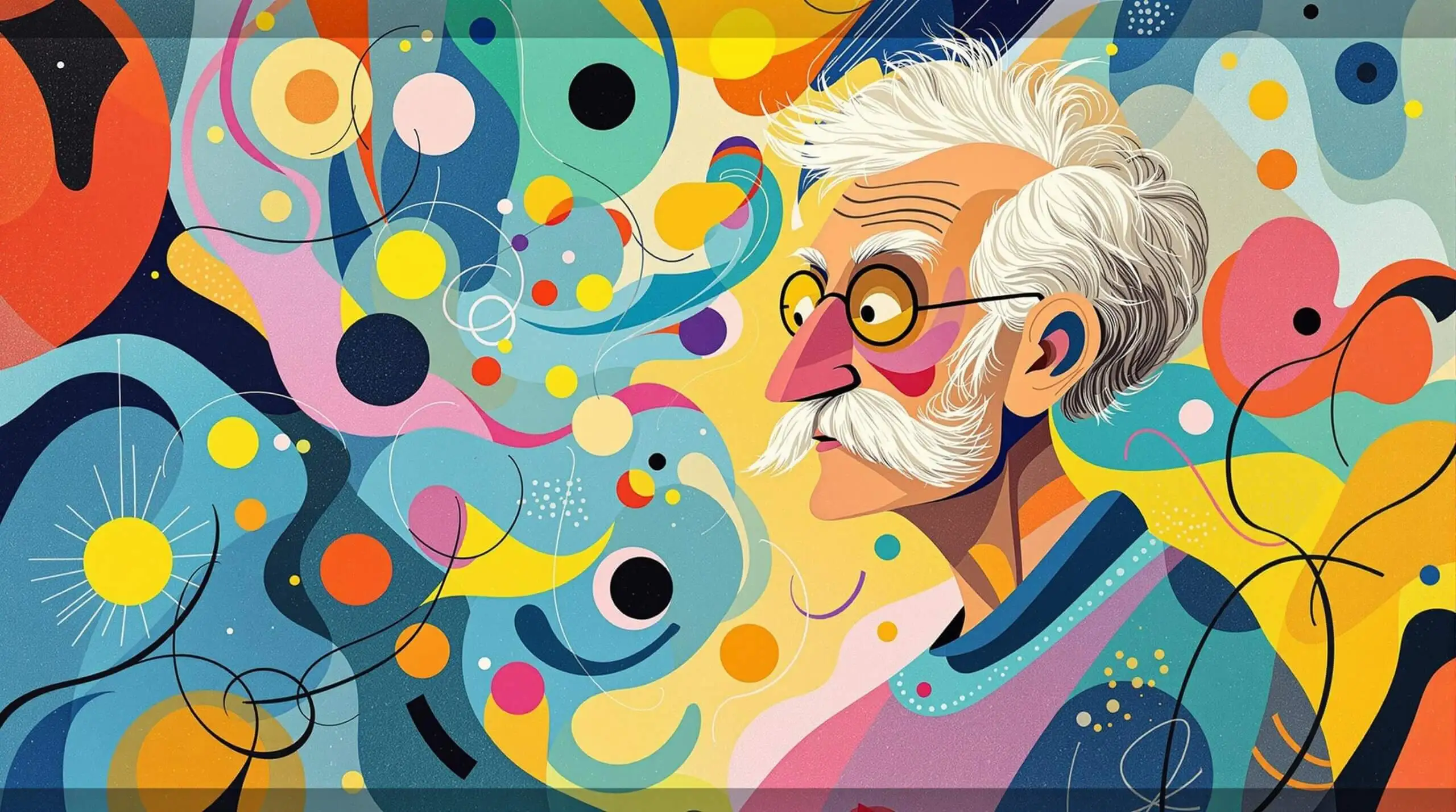 An elderly person surrounded by swirling magnesium atoms, with a vivid background of geometric shapes.