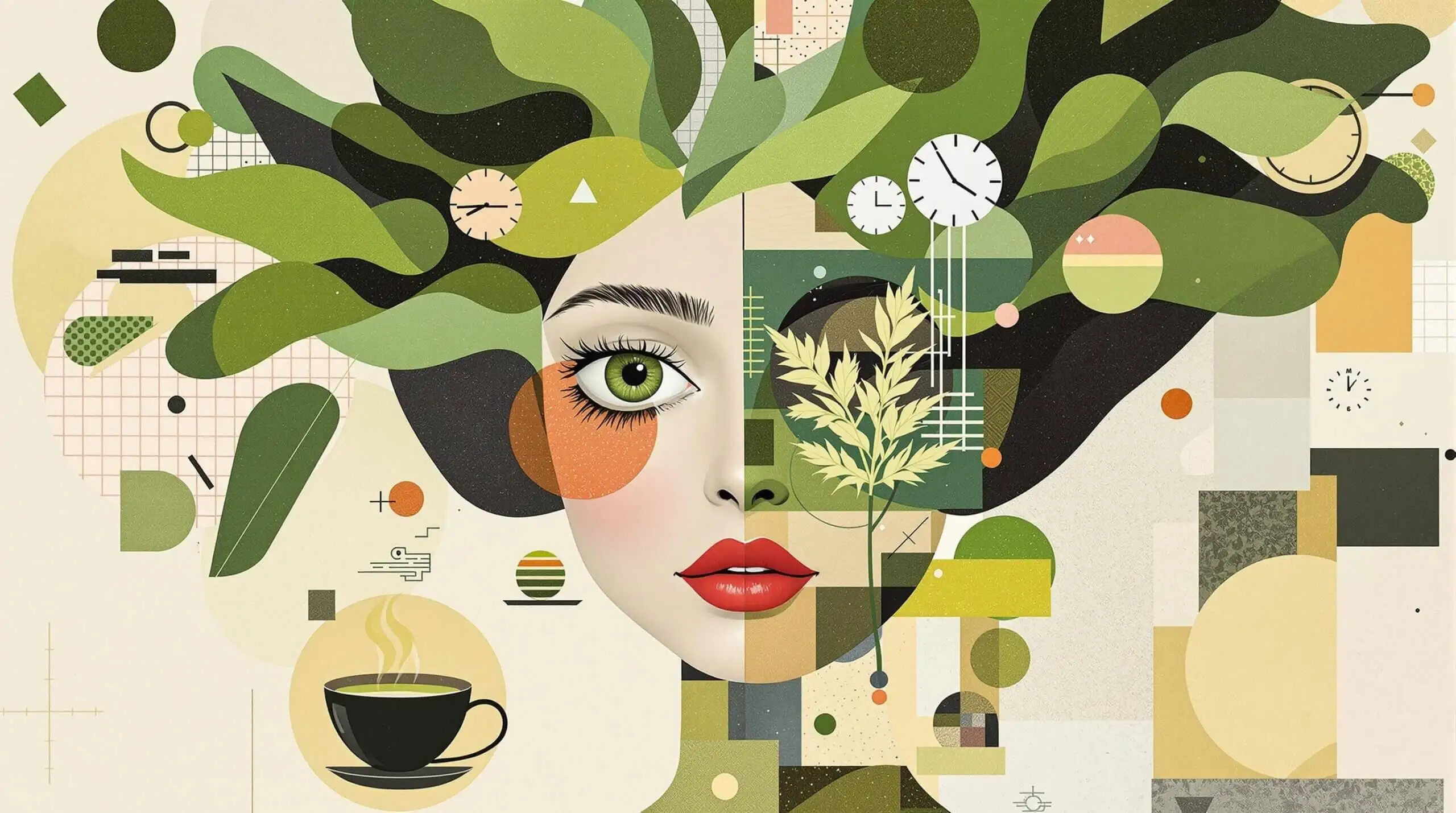 A collage-style illustration of a woman's face with matcha elements and abstract shapes illustrating vitality and anti-aging.