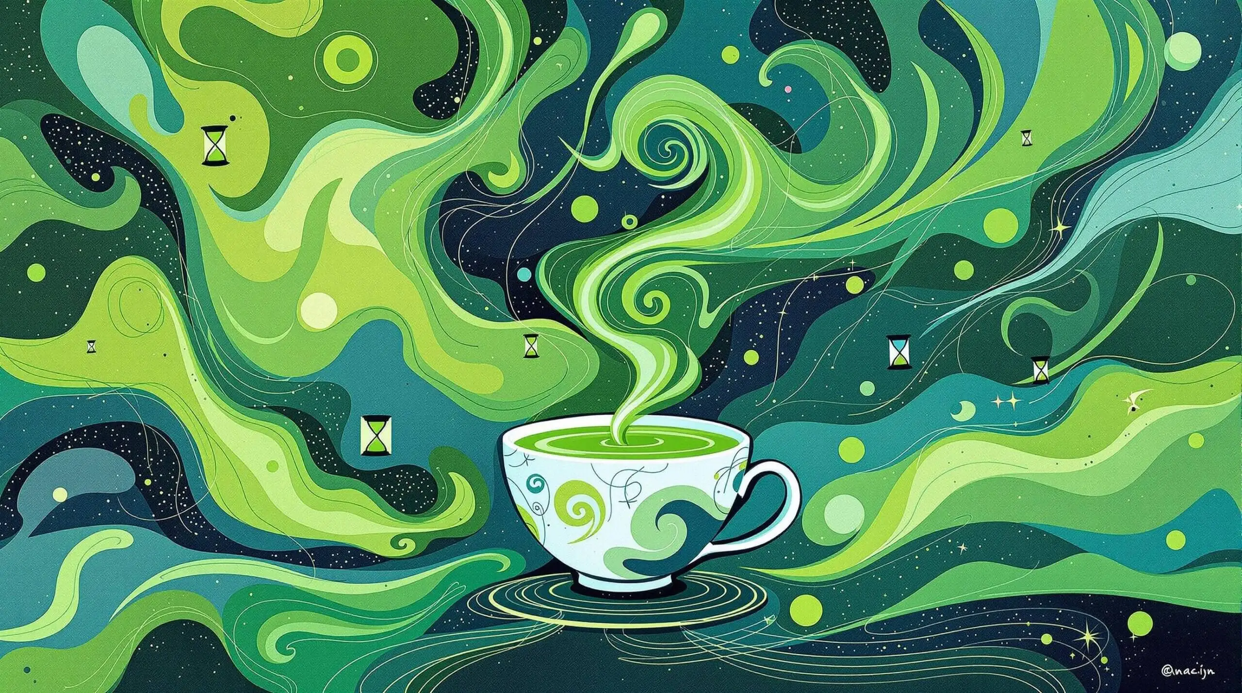 An abstract illustration of matcha tea leaves and a steaming cup with swirling patterns inspired by Wassily Kandinsky.