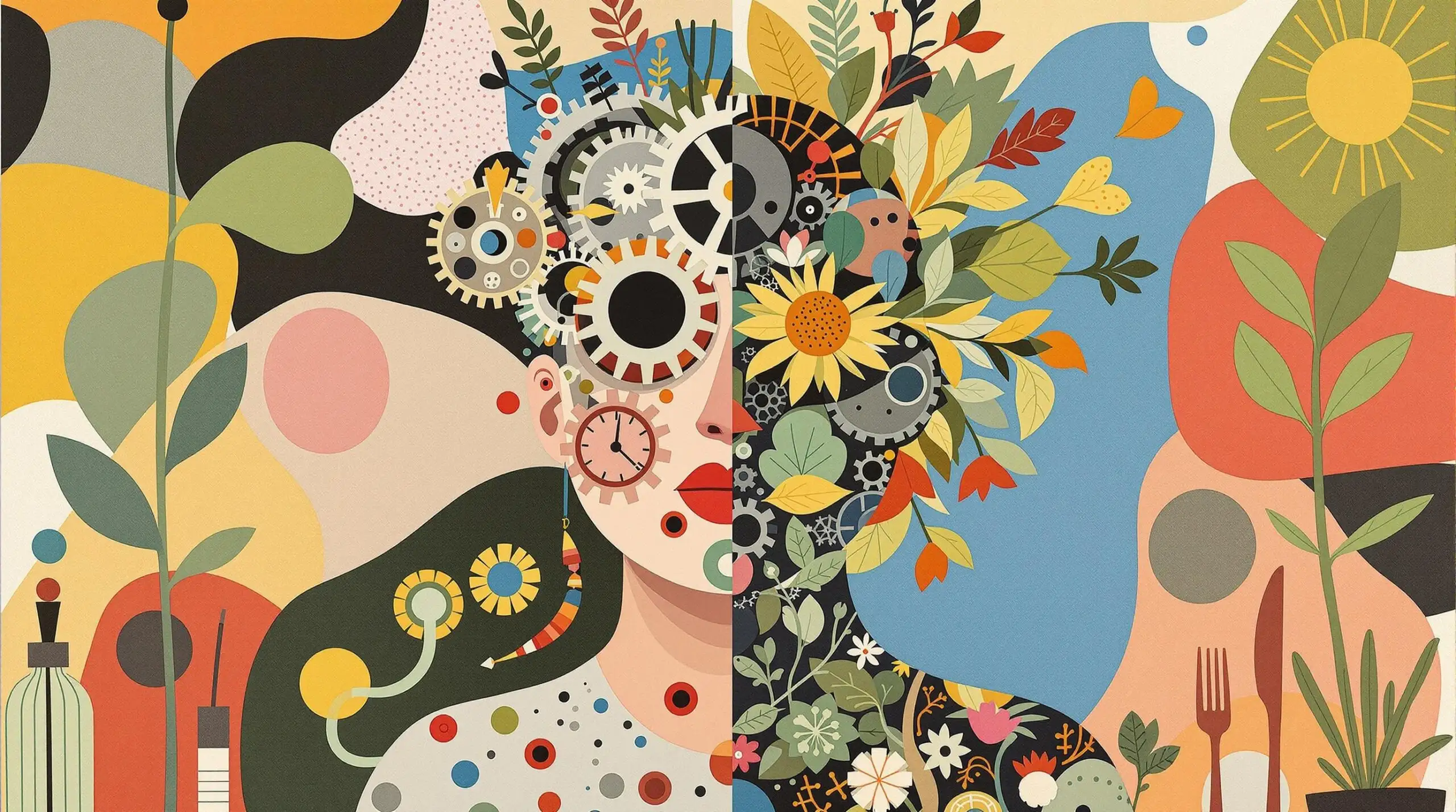 A collage illustration showing a human figure half mechanical, half plant-based.