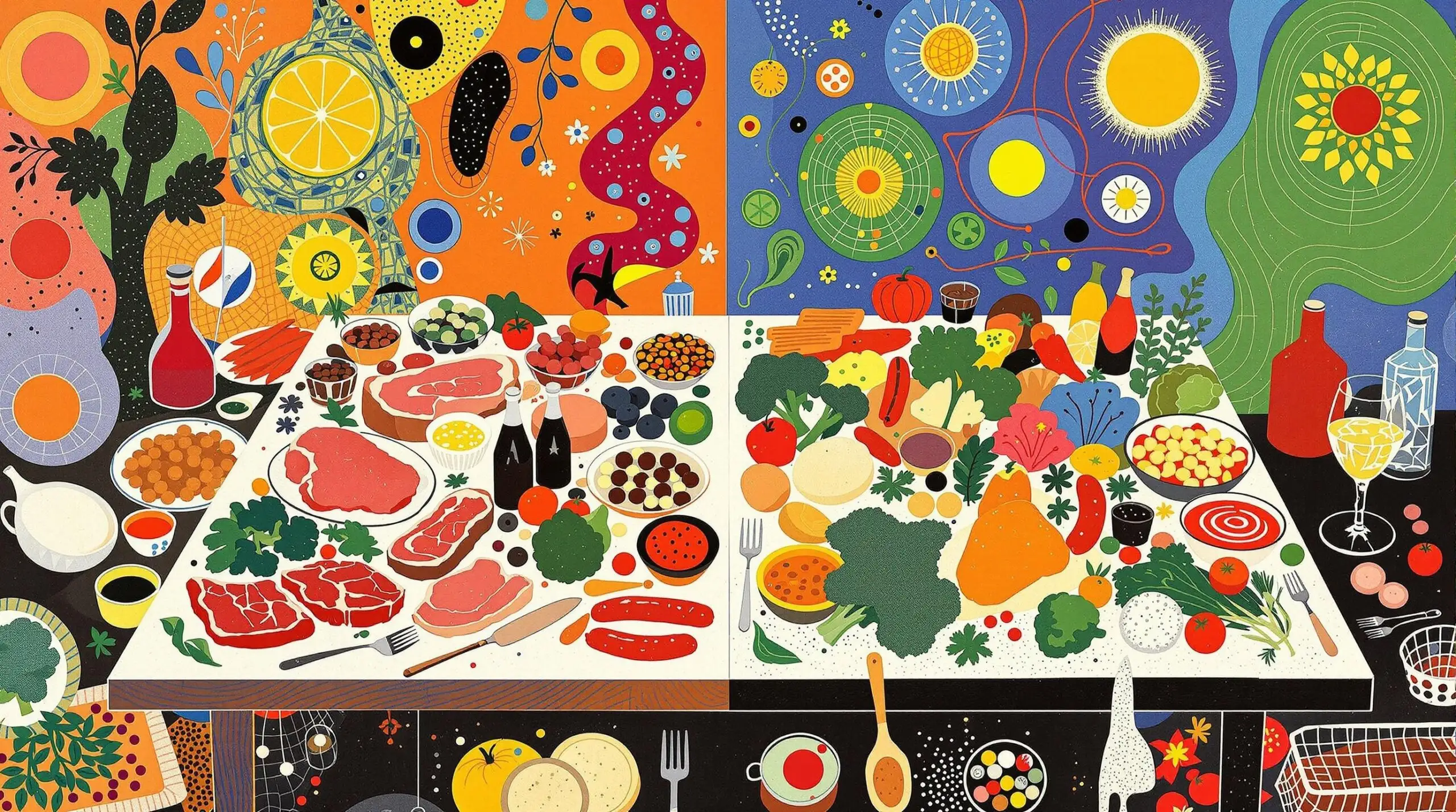 Illustration showing a division between meat on one side and plant foods on the other.