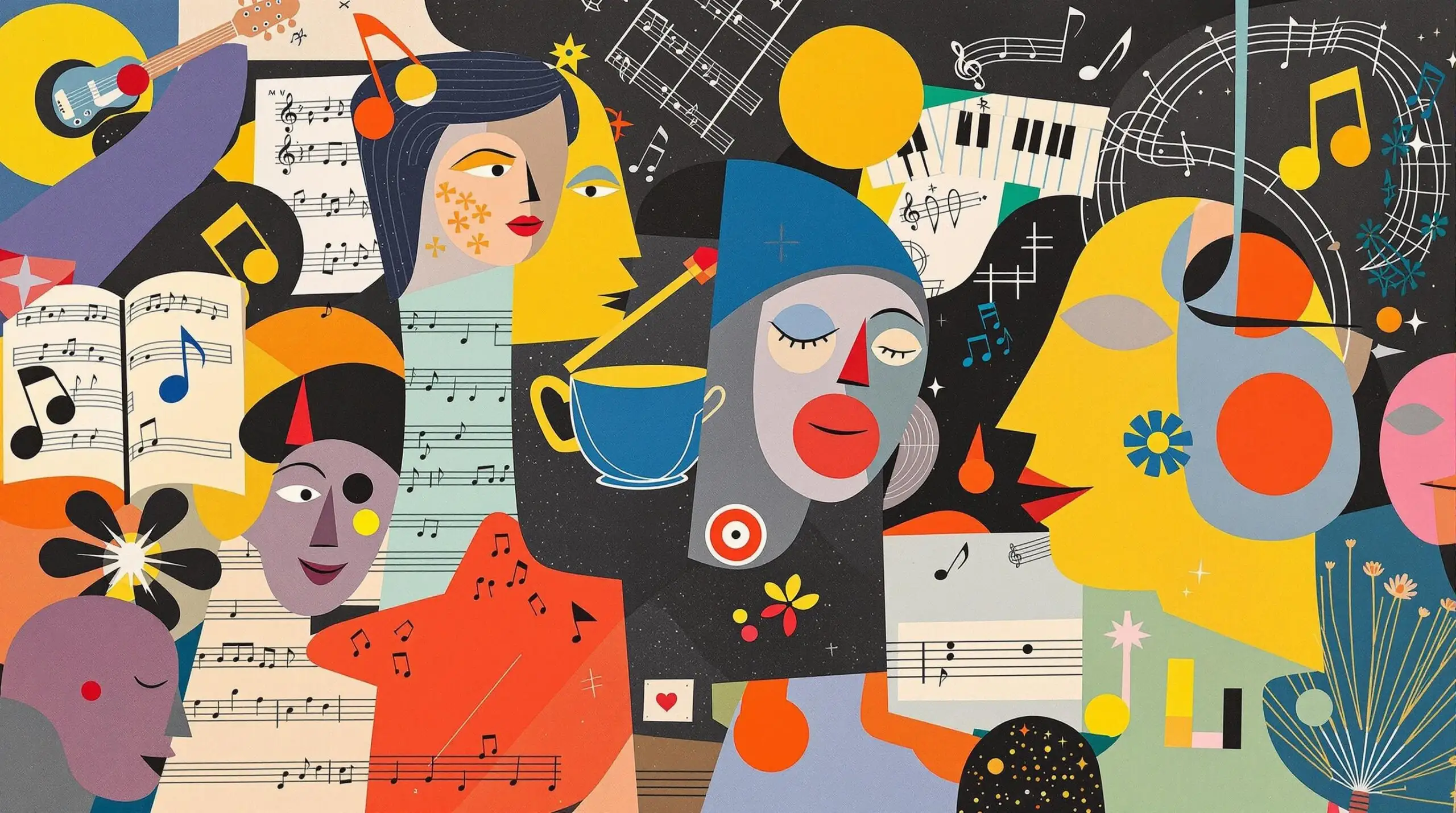 An artistic collage with musical instruments, sheet music, and abstract faces portraying peace, emphasizing the connection between music and healing.