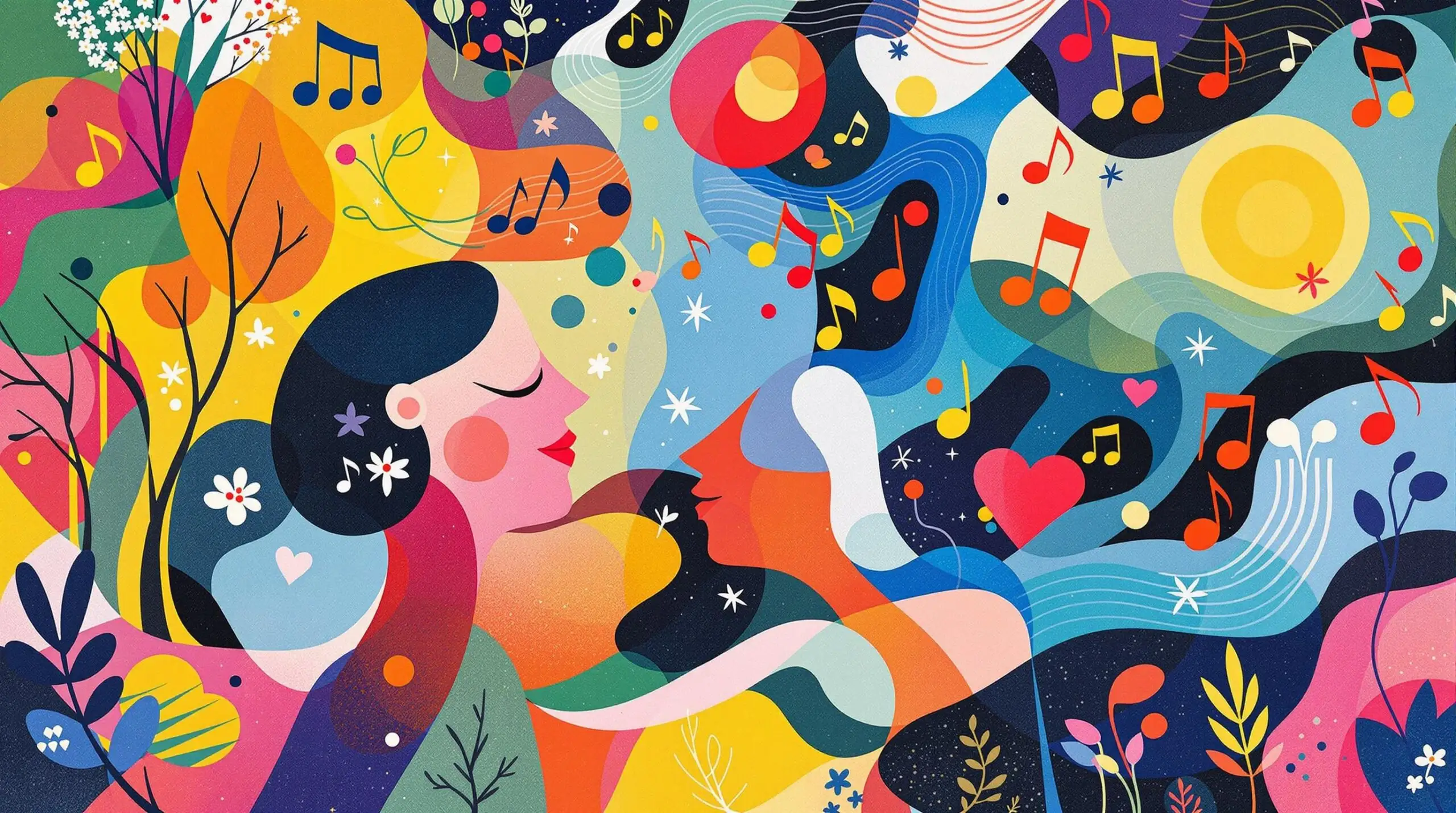 An abstract illustration showing colorful musical notes and serene human figures symbolizing the impact of music therapy on body and mind.
