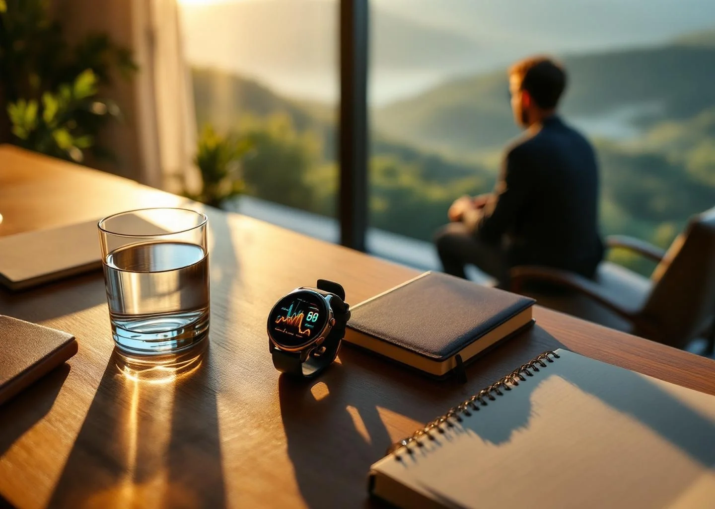 A minimalist, sunlit office desk with a smartwatch displaying health data, representing a proactive and modern approach to longevity.