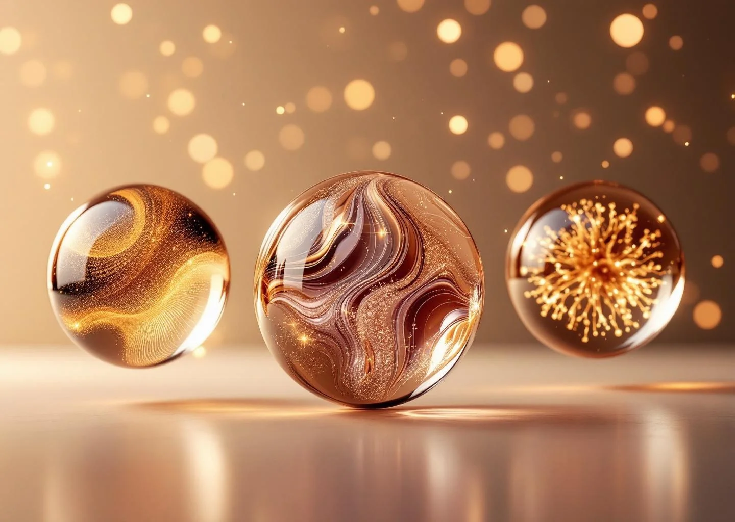 An abstract representation of three interconnected biological processes of aging, shown as glowing glass orbs connected by threads of light in a warm, professional environment.