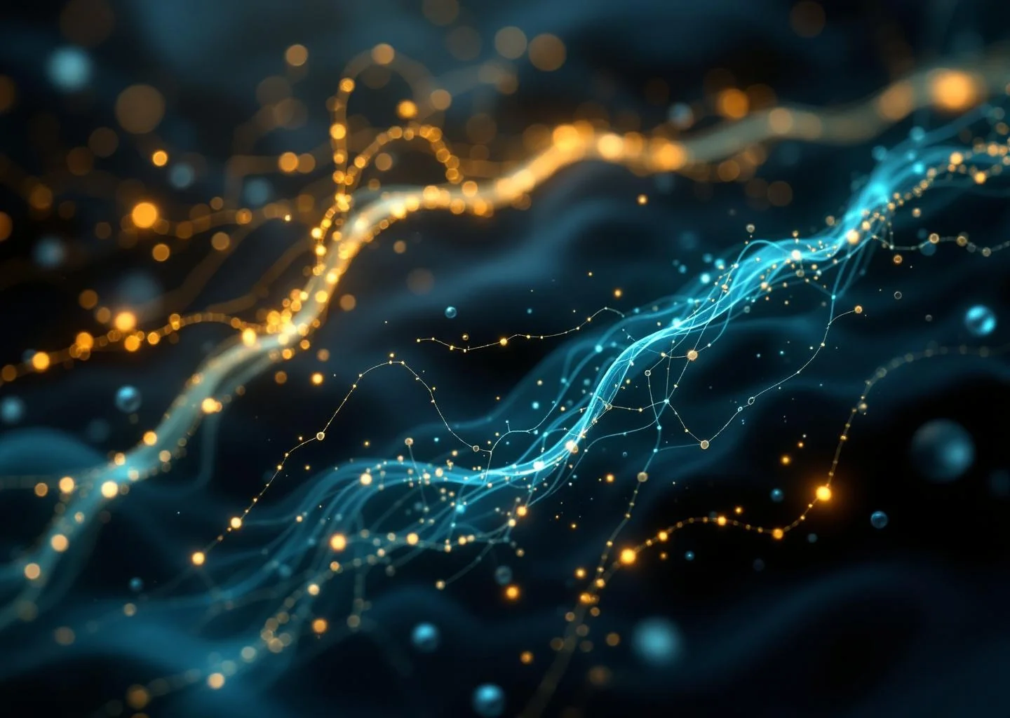 An abstract visualization of two distinct metabolic pathways represented by organic light filaments and geometric nodes.