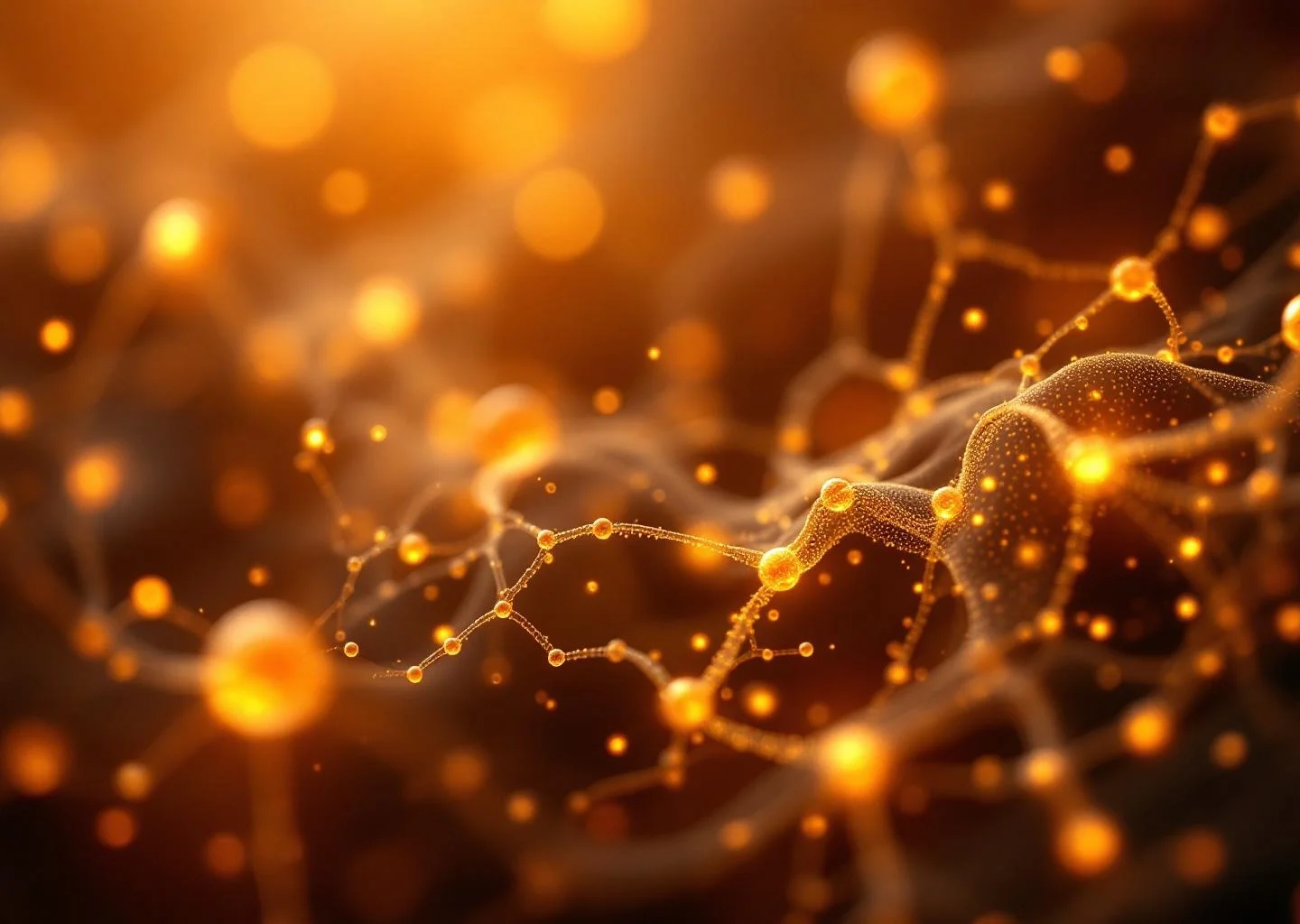 An abstract, artistic visualization of cellular energy pathways represented by glowing golden nodes and soft light filaments against a warm, dark background.