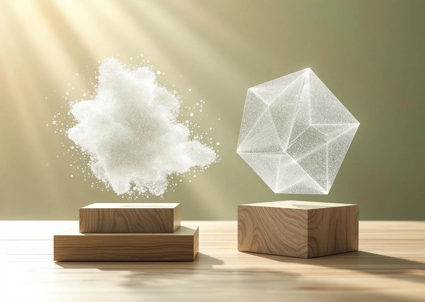 An abstract conceptual image featuring two glass sculptures; one a diffuse cloud of particles and the other a solid, structured geometric form, symbolizing the difference between observational and controlled scientific data.