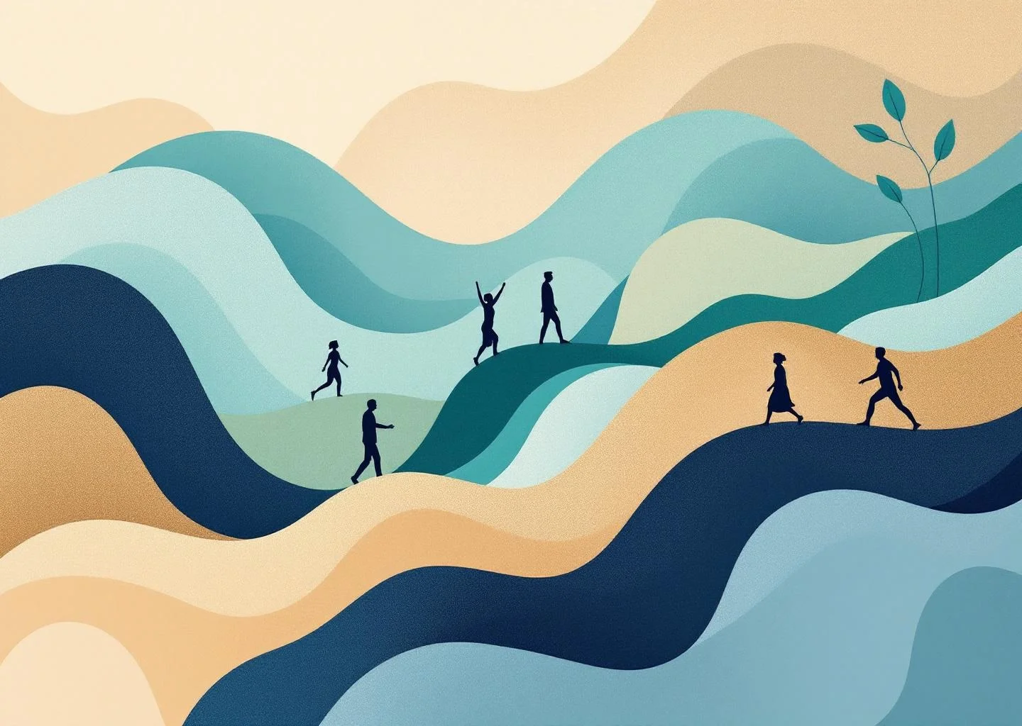 Abstract representation of longevity and health, featuring flowing shapes and silhouettes of figures engaged in dynamic activities, with a warm color palette.